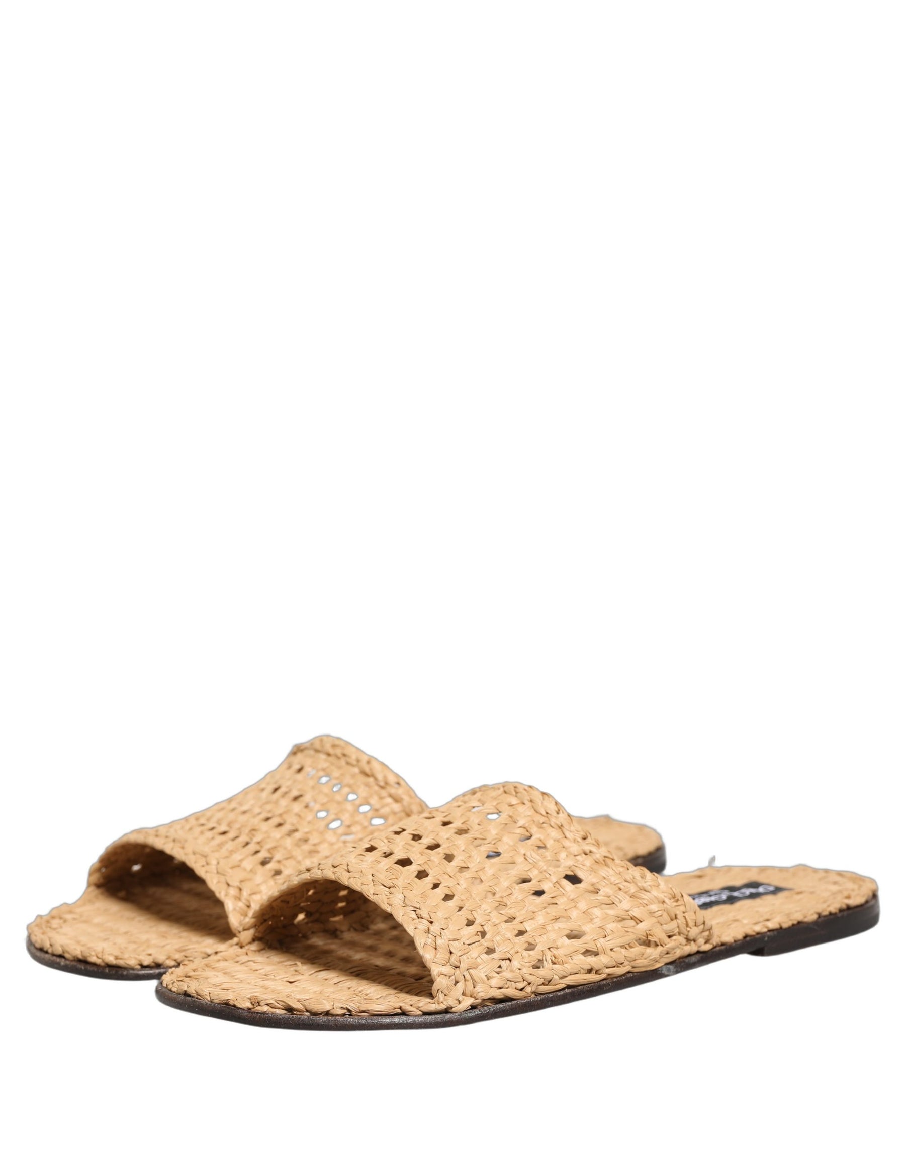 Dolce & Gabbana Beige Straw Raffia Slides Sandals Flats Shoes | Regal Royce