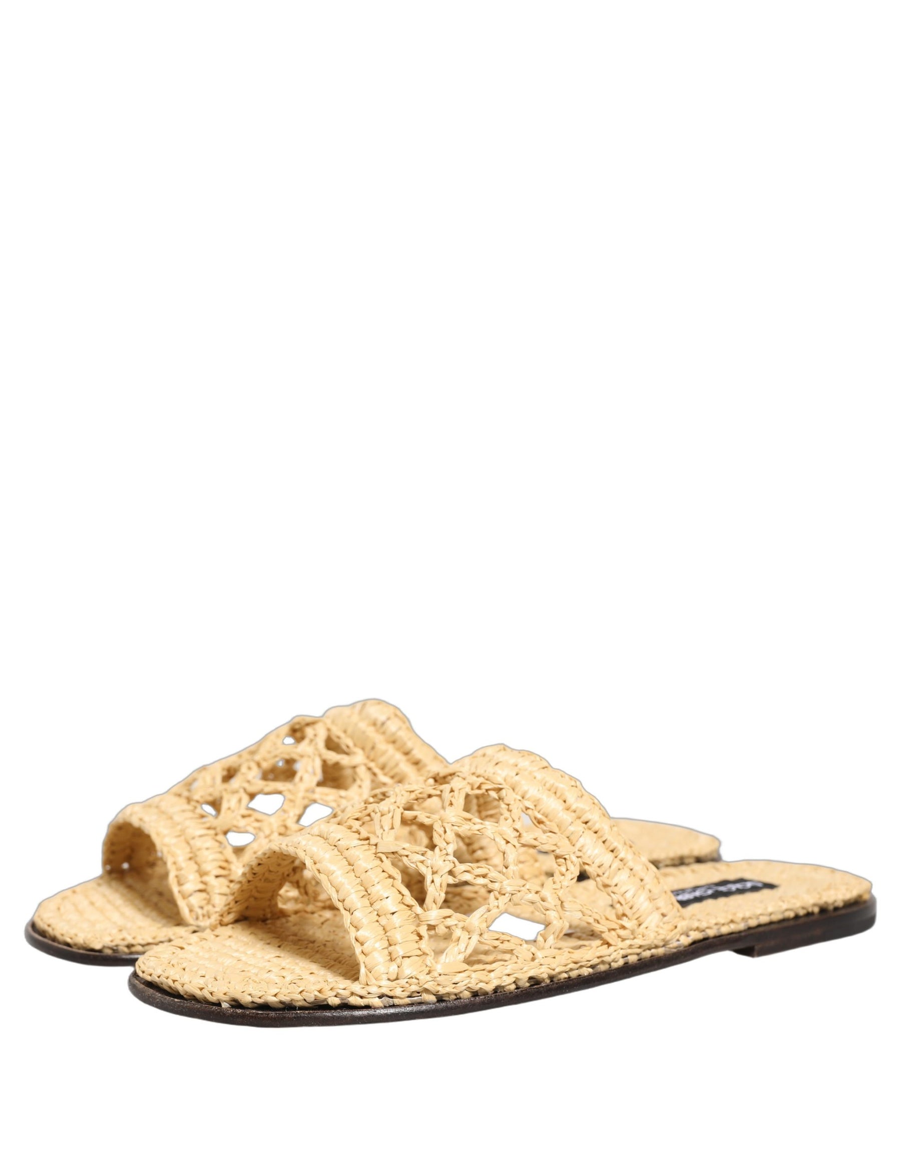 Dolce & Gabbana Beige Straw Raffia Slides Sandals Flats Shoes | Regal Royce