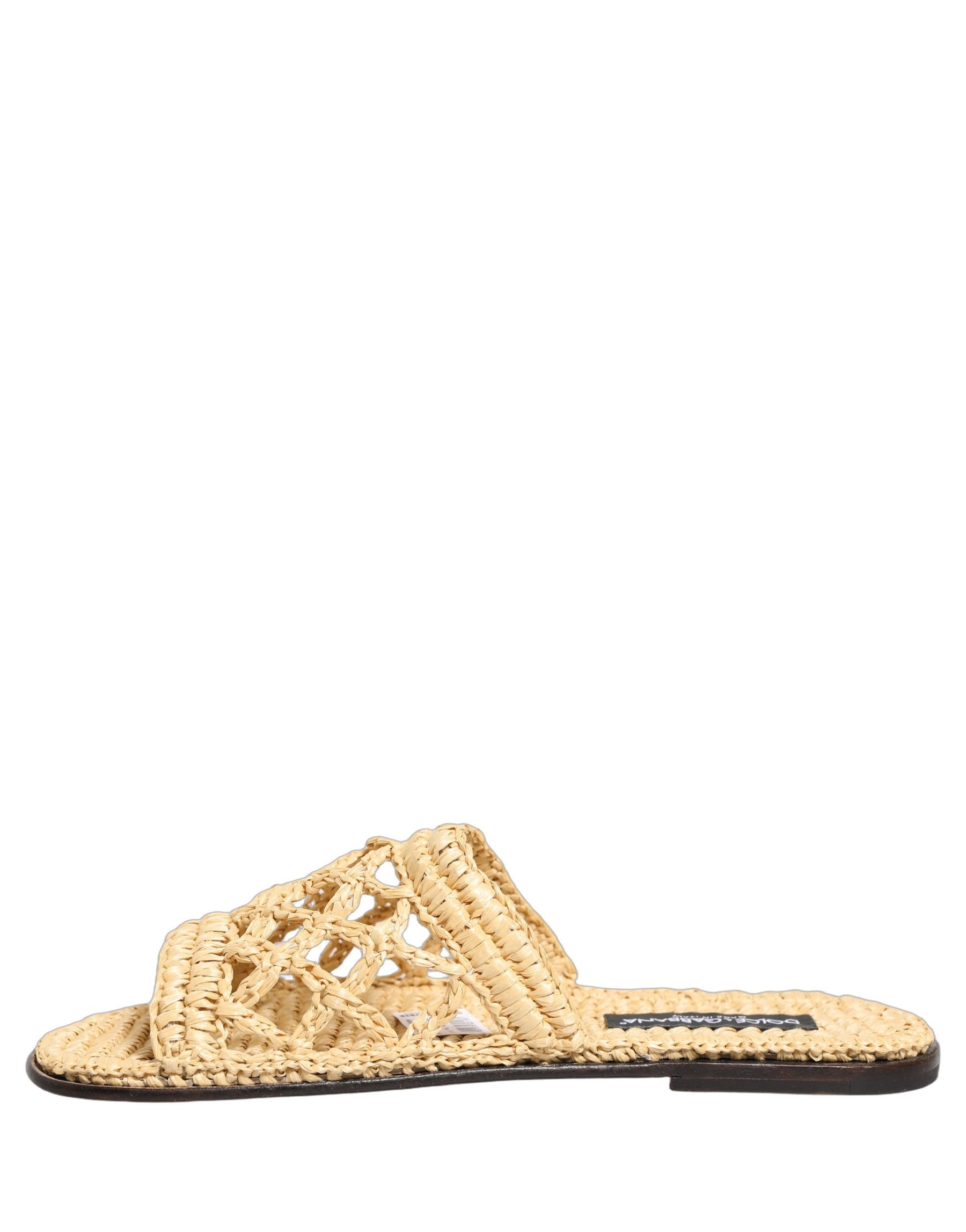 Dolce & Gabbana Beige Straw Raffia Slides Sandals Flats Shoes | Regal Royce