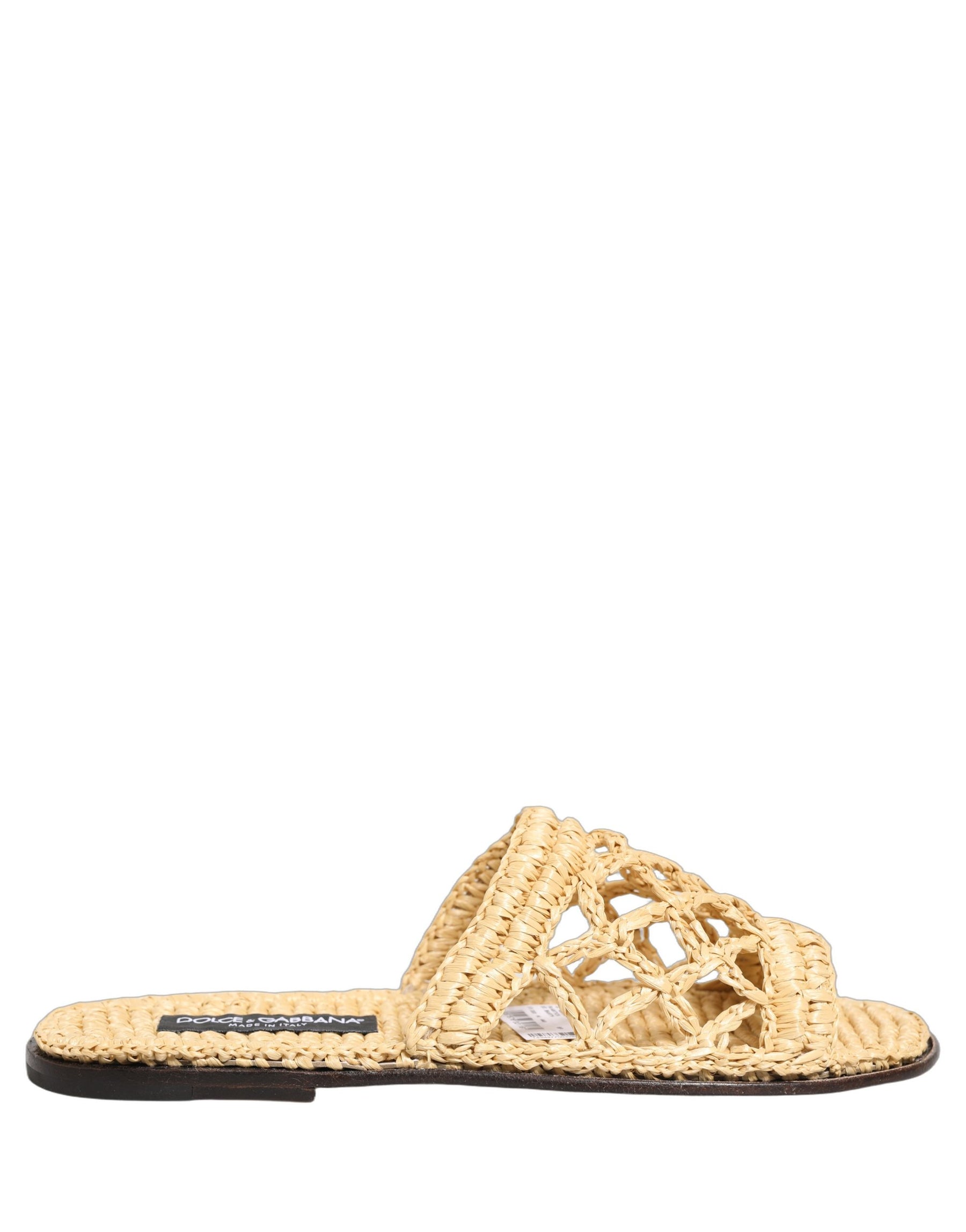 Dolce & Gabbana Beige Straw Raffia Slides Sandals Flats Shoes | Regal Royce