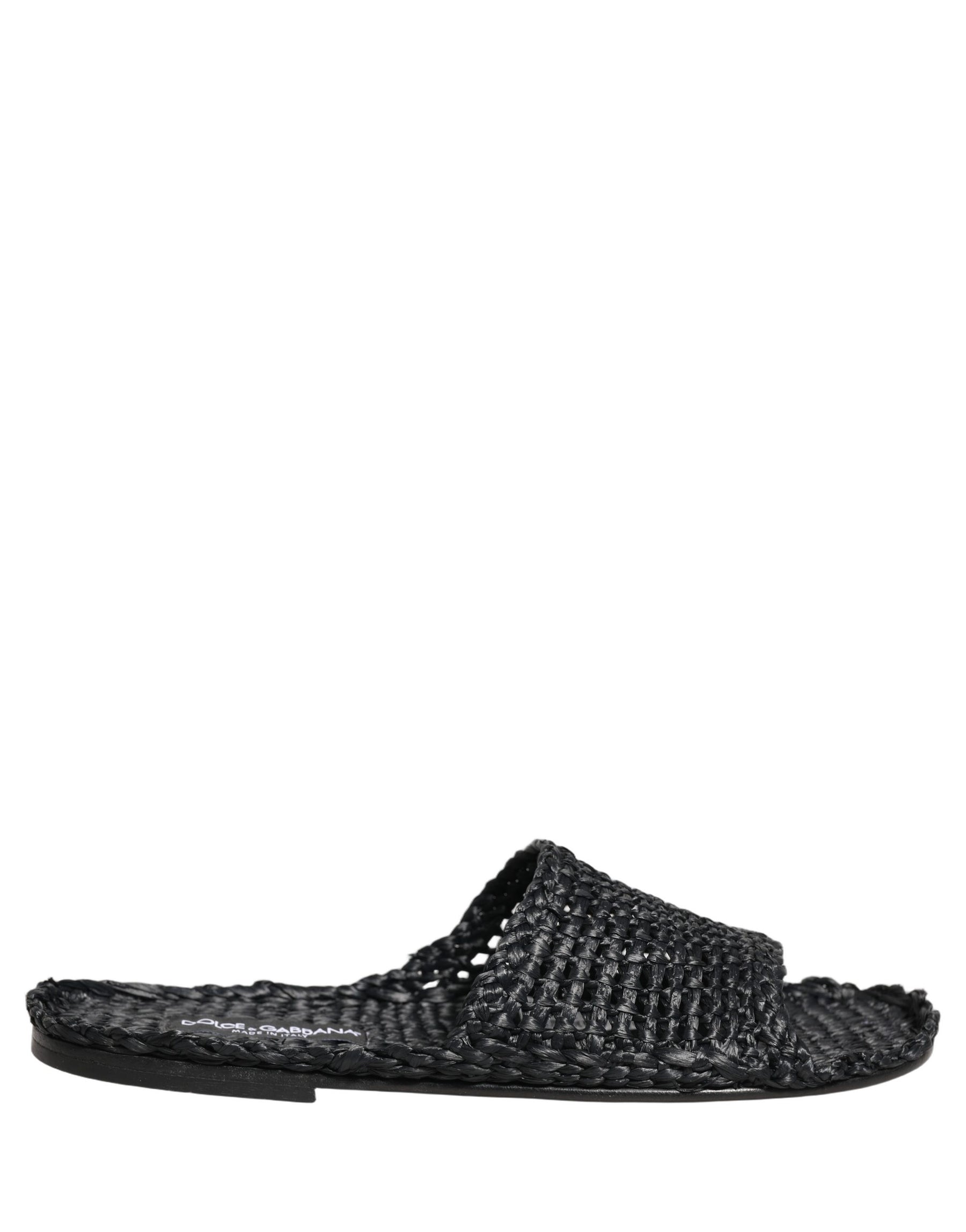 Dolce & Gabbana Black Straw Raffia Slides Sandals Flats Shoes | Regal Royce