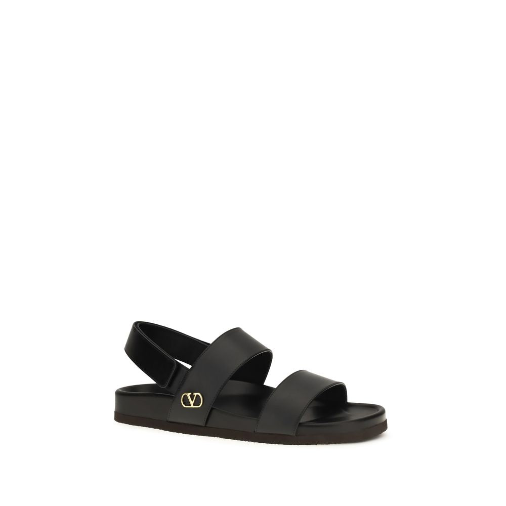 Valentino Garavani Black Calf Leather Bos Taurus Flat Sandals | Regal Royce
