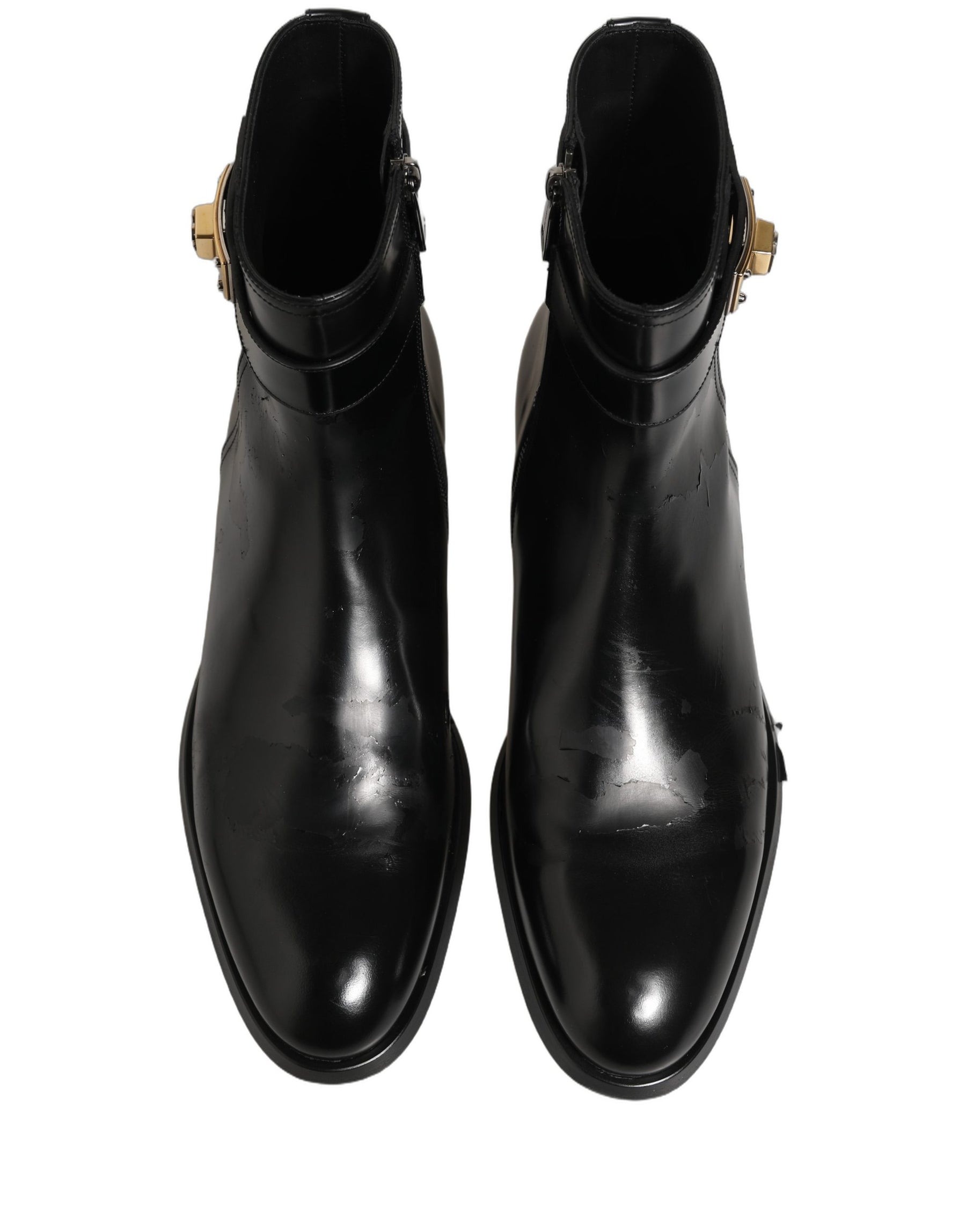 Dolce & Gabbana Black Leather Logo Buckle Mid Calf Boots Shoes | Regal Royce