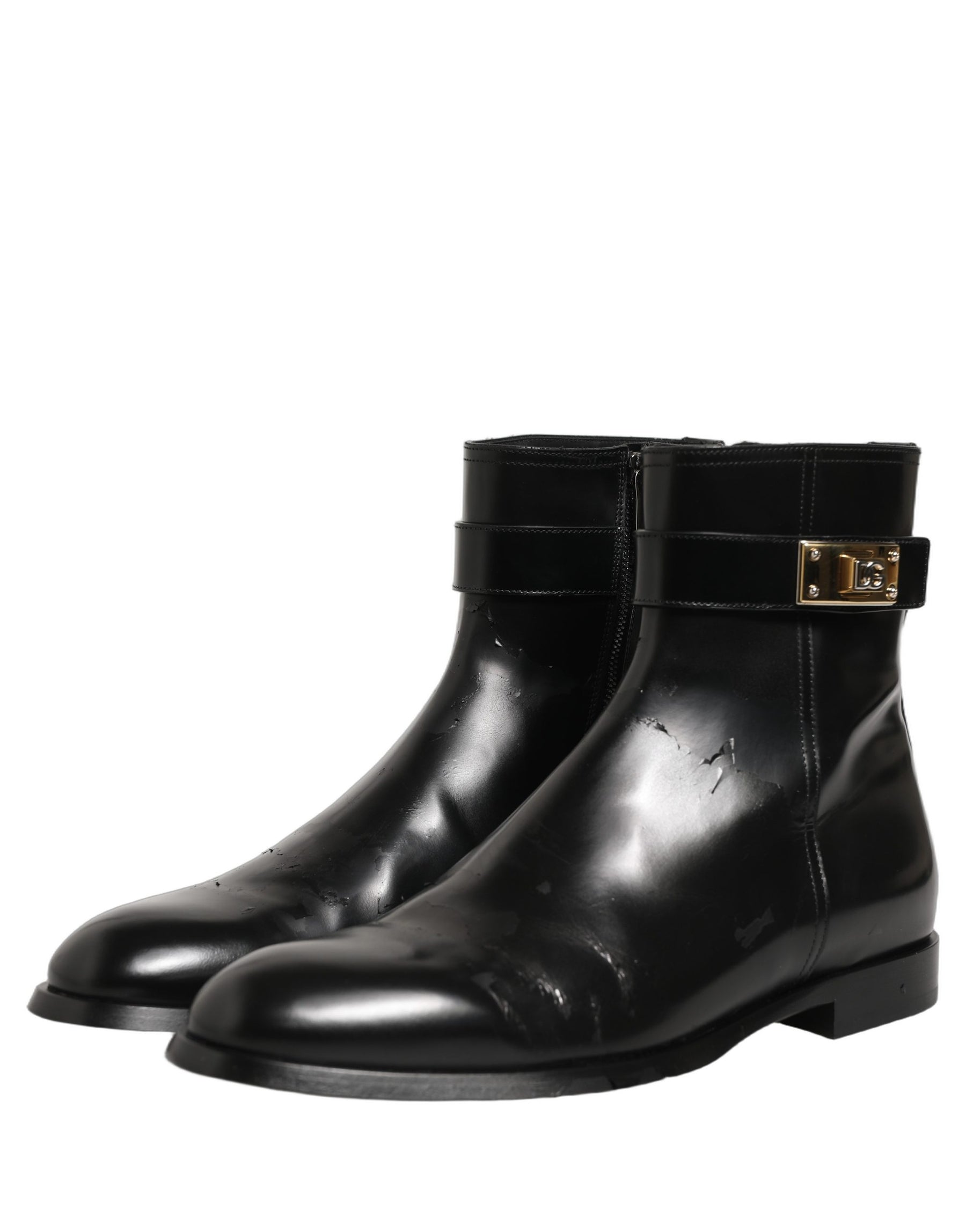 Dolce & Gabbana Black Leather Logo Buckle Mid Calf Boots Shoes | Regal Royce