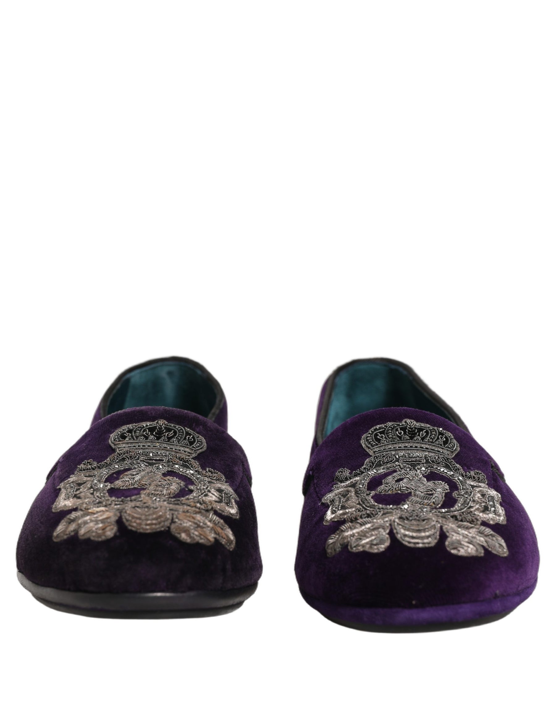 Dolce & Gabbana Purple Velvet Crown Embroidery Loafers Shoes | Regal Royce