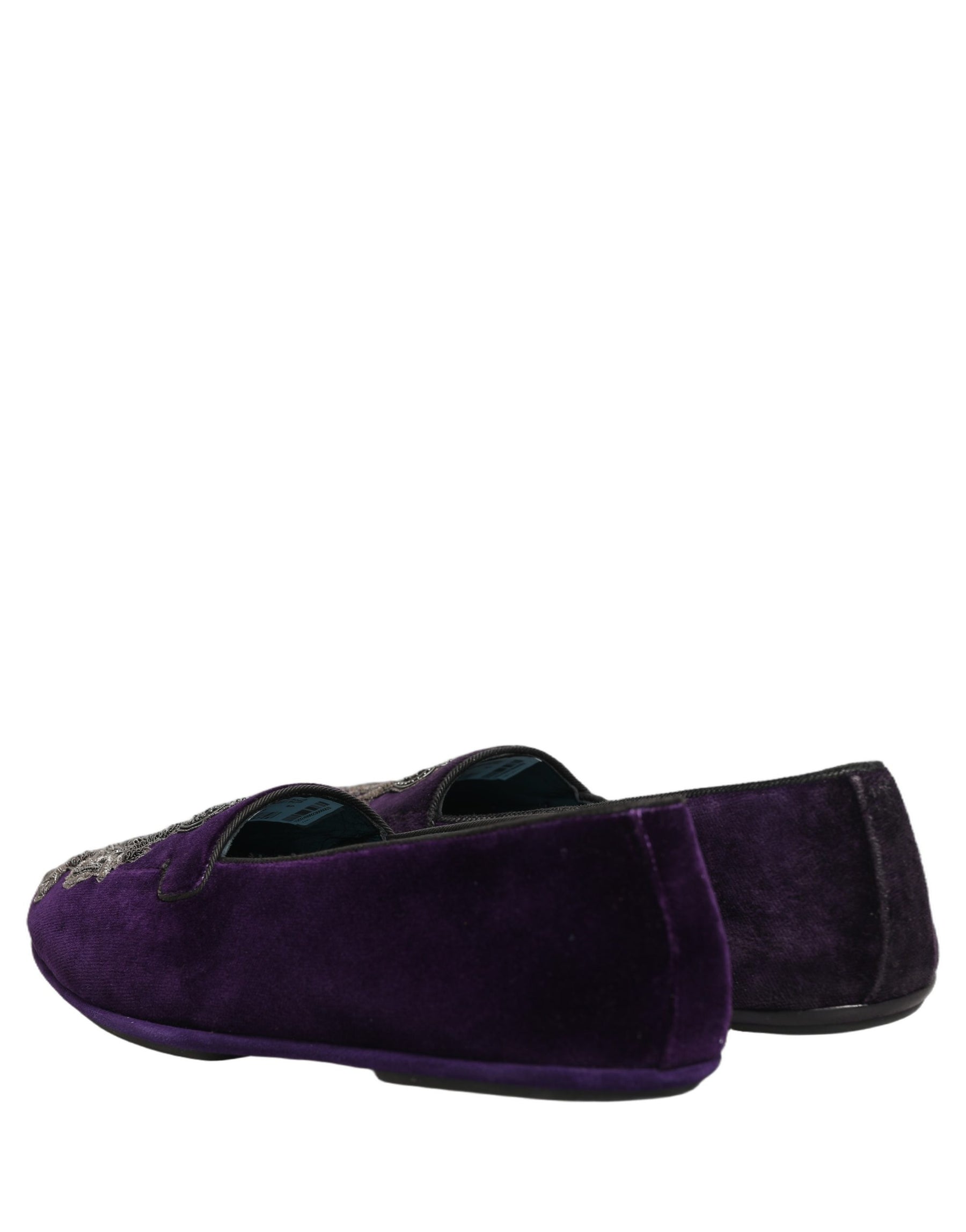 Dolce & Gabbana Purple Velvet Crown Embroidery Loafers Shoes | Regal Royce