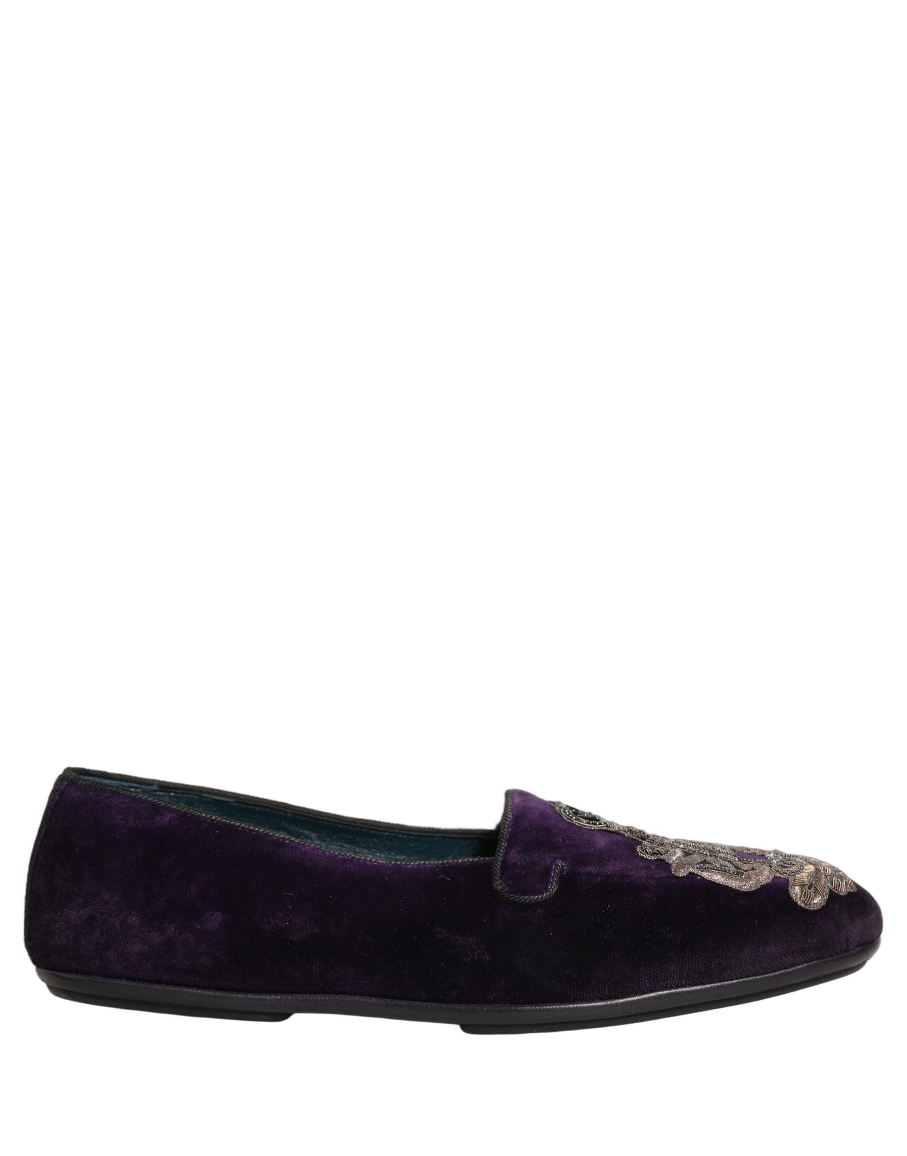 Dolce & Gabbana Purple Velvet Crown Embroidery Loafers Shoes | Regal Royce