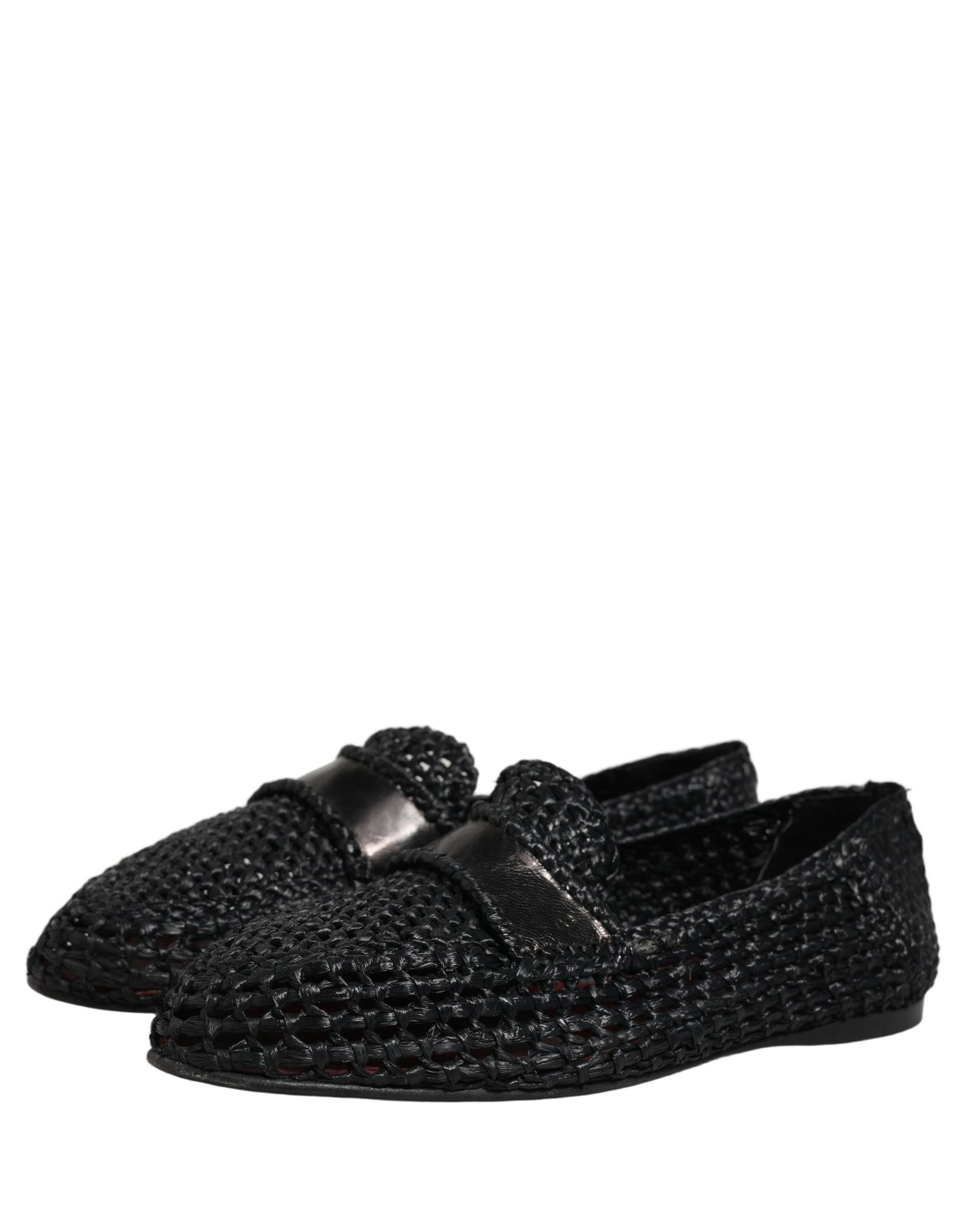 Dolce & Gabbana Black Woven Leather Slip On Loafers Men Shoes | Regal Royce