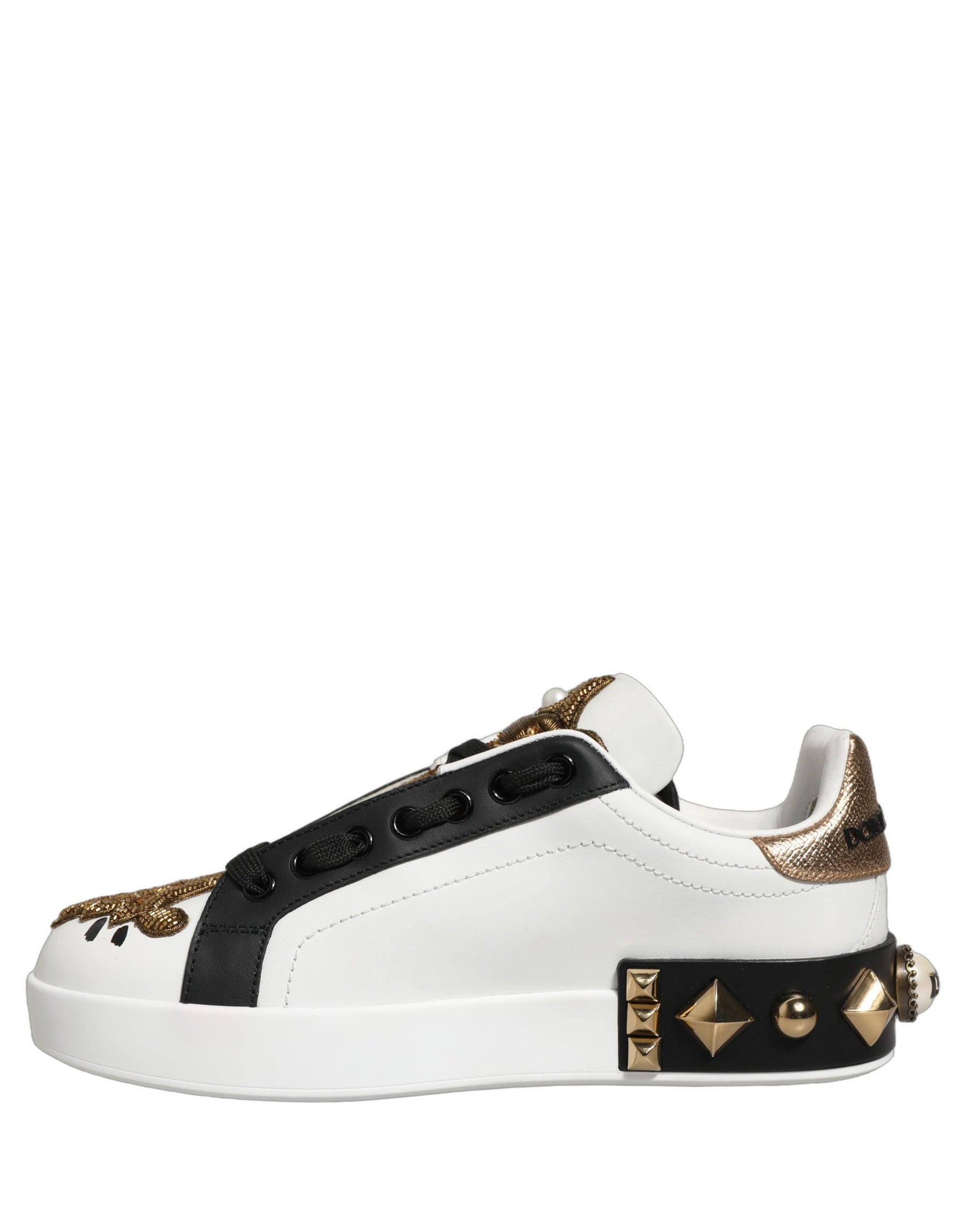 Dolce & Gabbana White Gold Studded Portofino Sneakers Shoes | Regal Royce