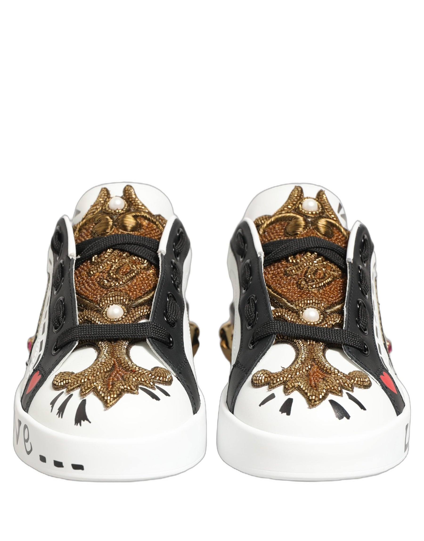 Dolce & Gabbana White Gold Studded Portofino Sneakers Shoes | Regal Royce