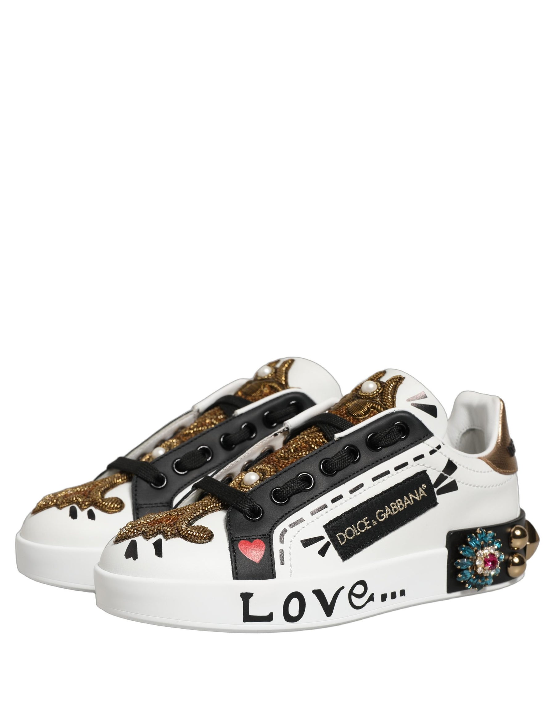 Dolce & Gabbana White Gold Studded Portofino Sneakers Shoes | Regal Royce