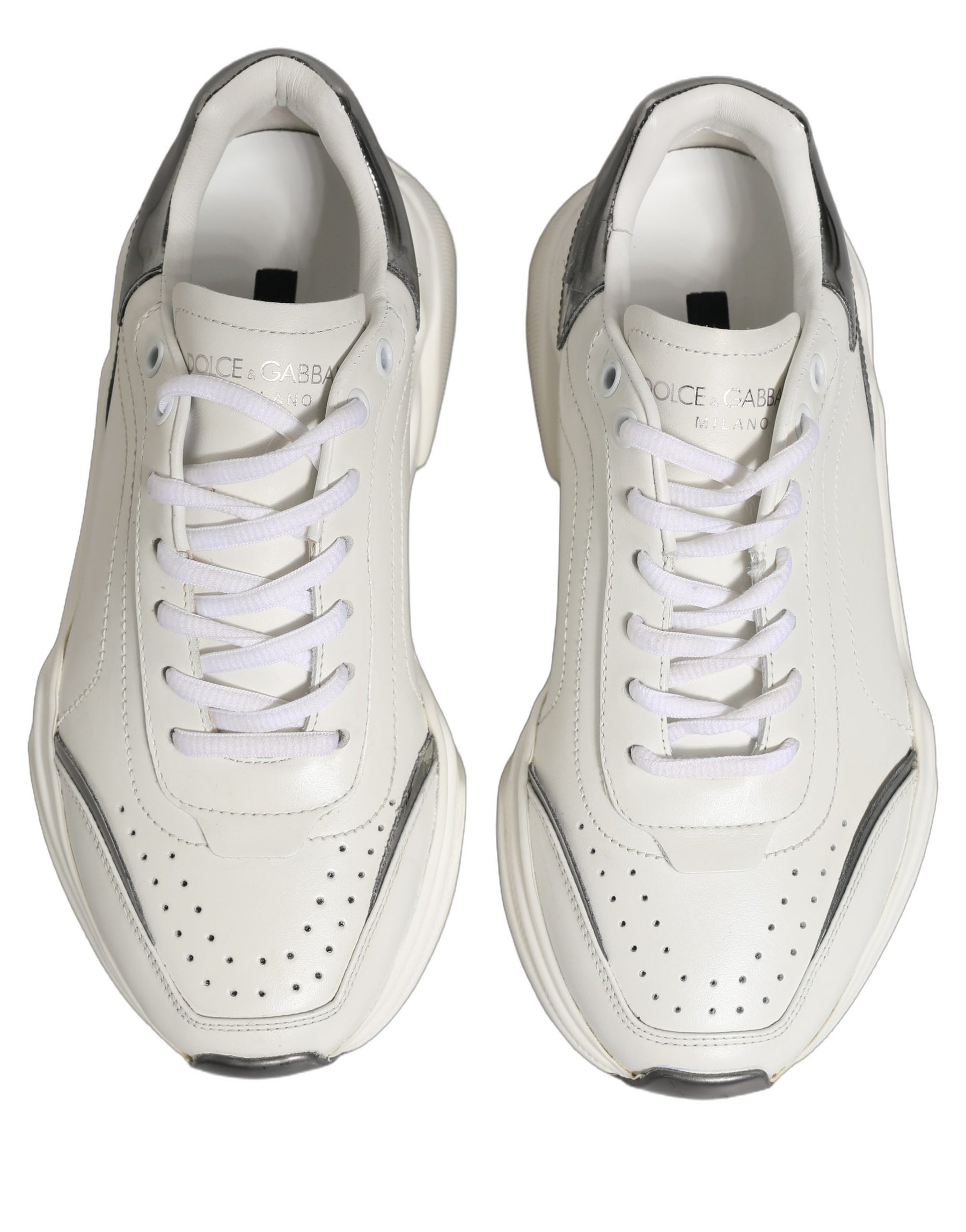 Dolce & Gabbana White Silver Daymaster Leather Low Top Sneakers Shoes | Regal Royce