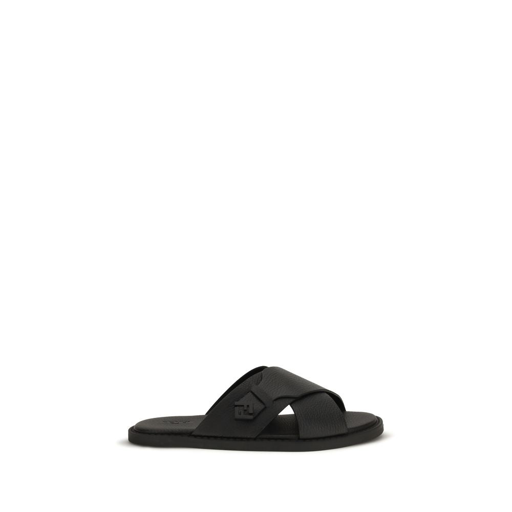 Fendi Black Calf Leather Bos Taurus Flat Sandals | Regal Royce