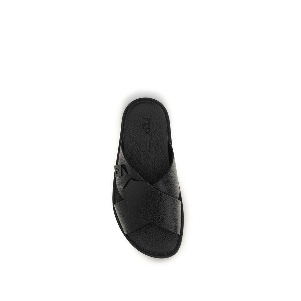 Fendi Black Calf Leather Bos Taurus Flat Sandals | Regal Royce