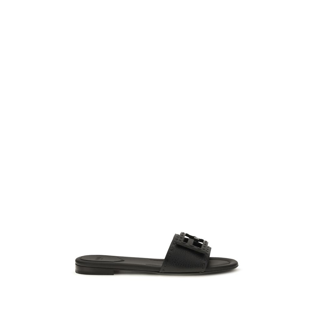 Fendi Black Calf Leather Bos Taurus Flat Sandals | Regal Royce