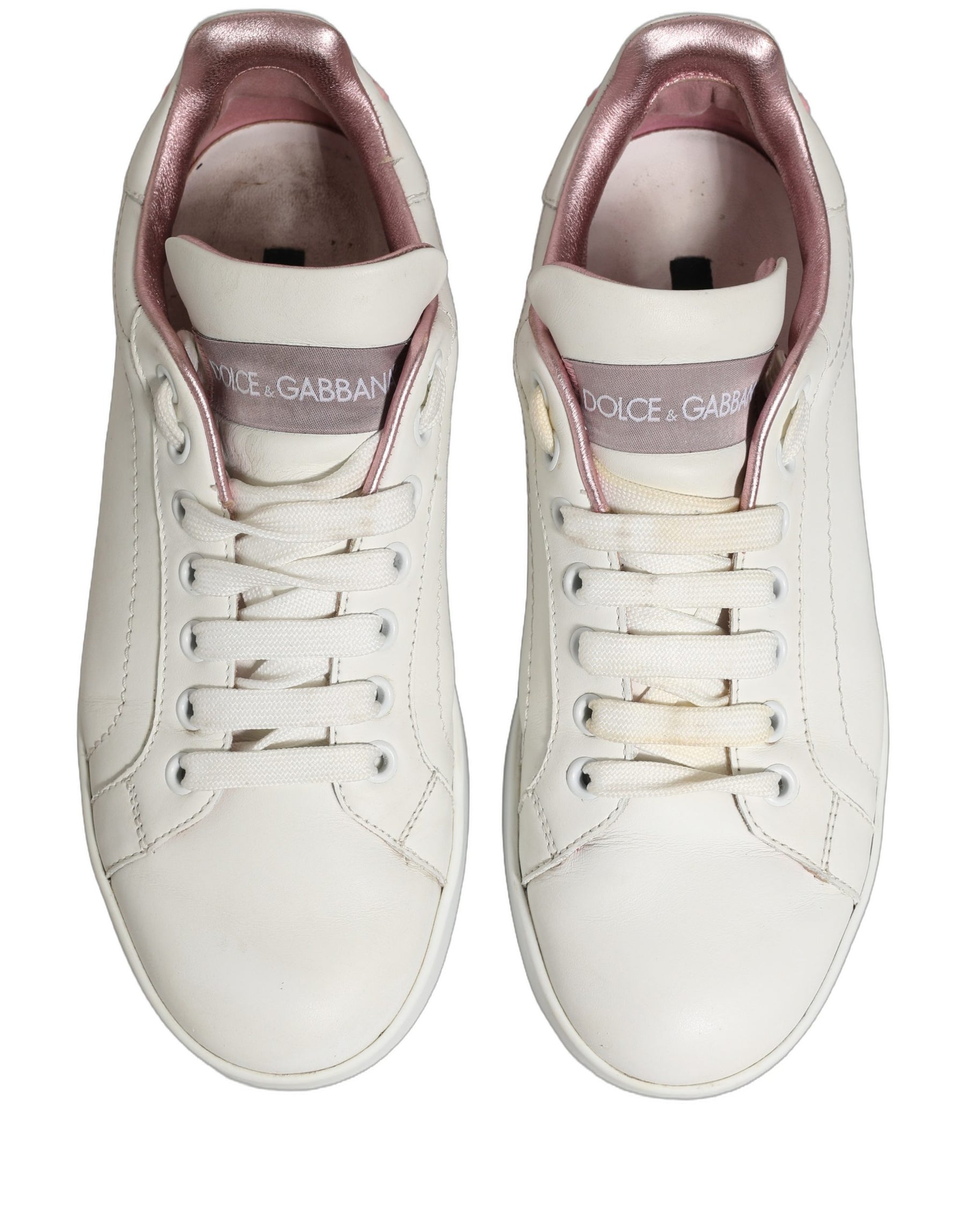 Dolce & Gabbana White Pink Leather Low Top Sneakers Shoes | Regal Royce