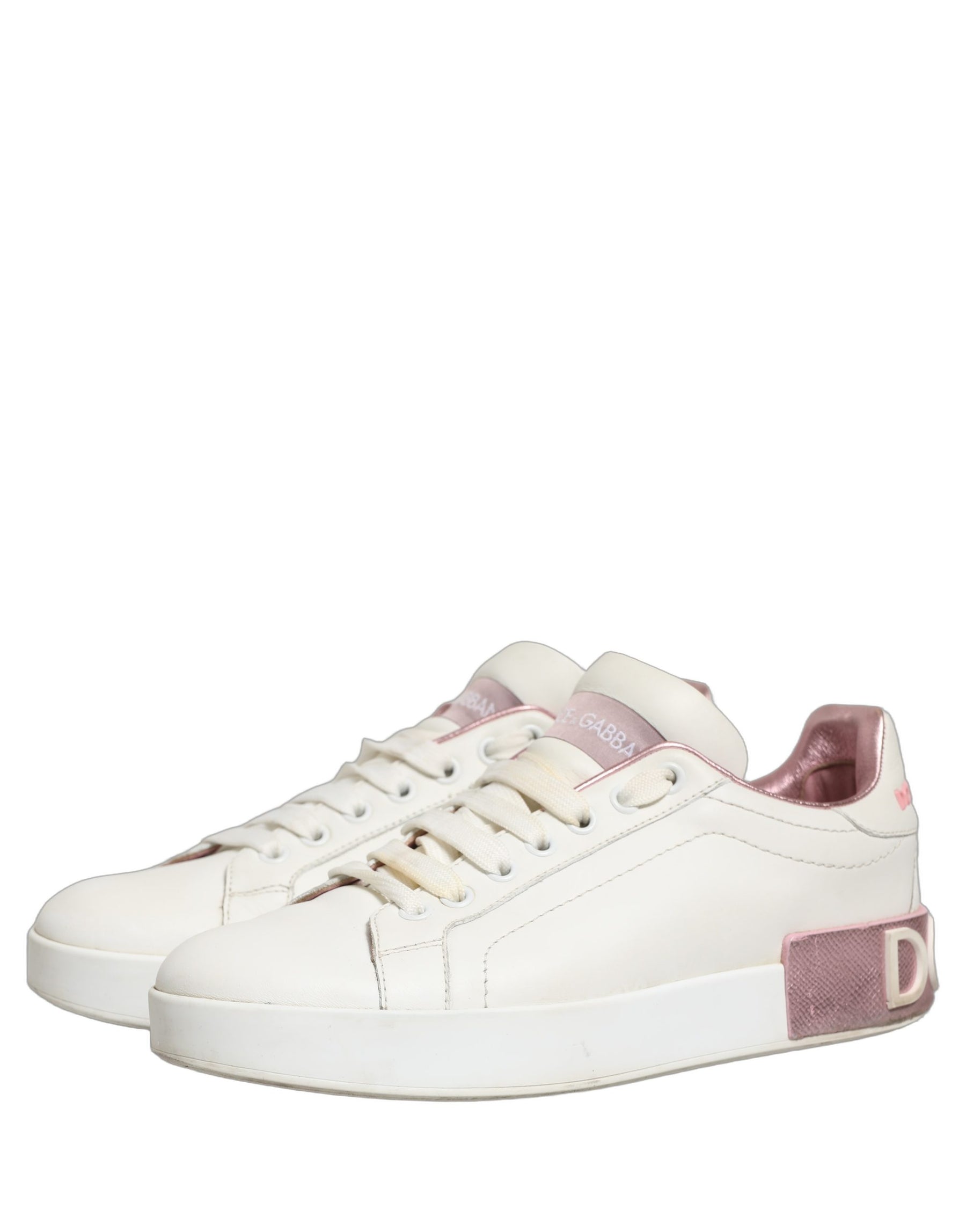 Dolce & Gabbana White Pink Leather Low Top Sneakers Shoes | Regal Royce