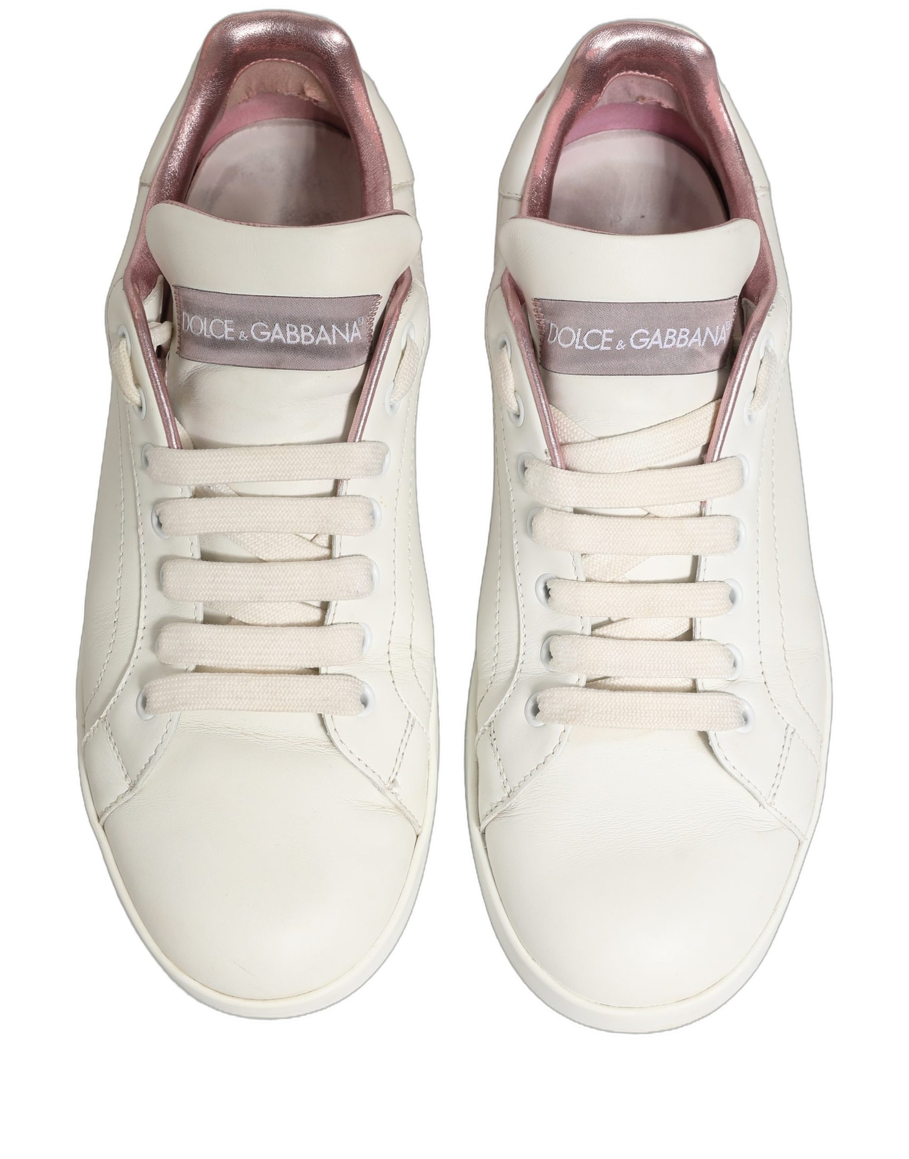 Dolce & Gabbana White Pink Leather Low Top Sneakers Shoes | Regal Royce