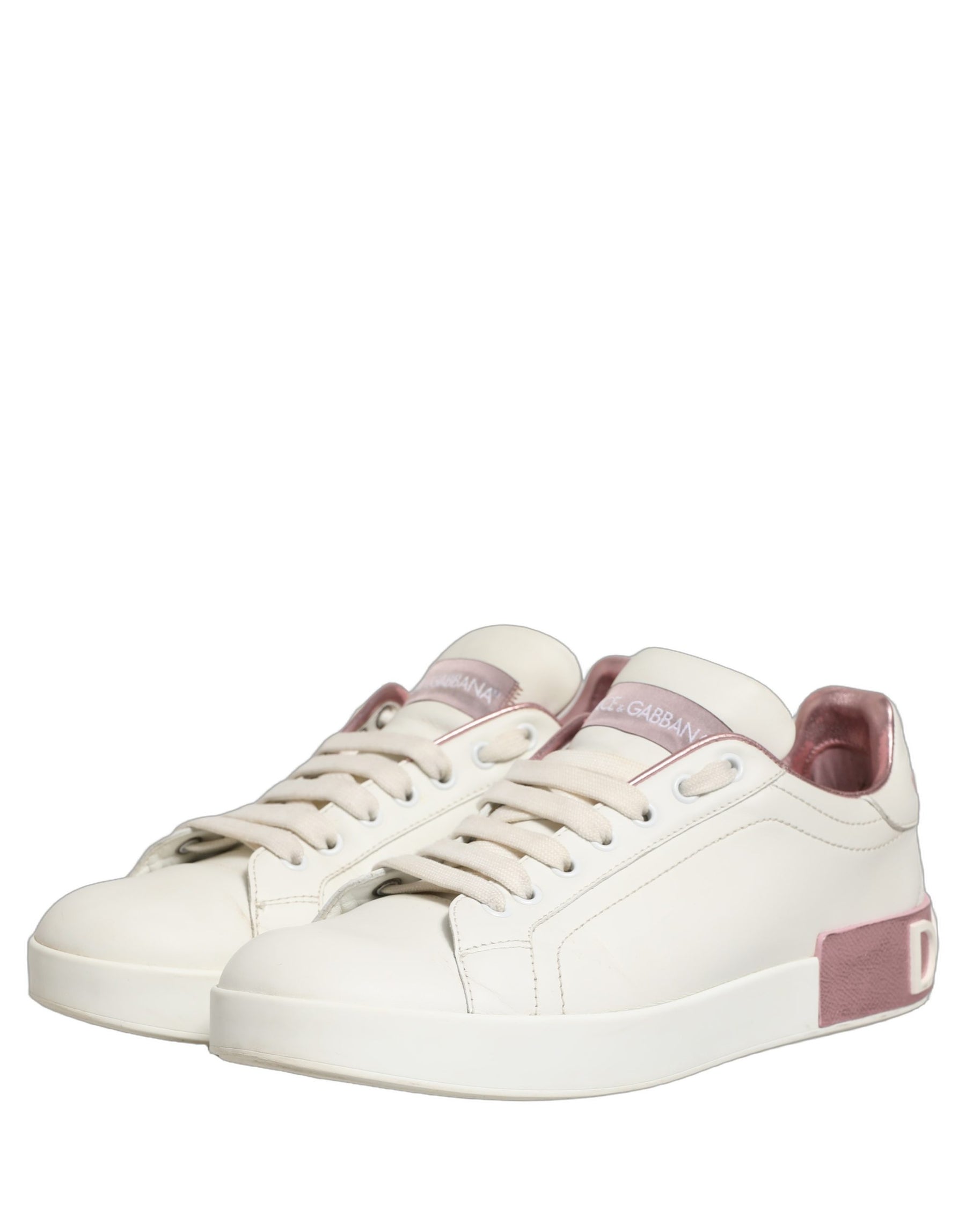 Dolce & Gabbana White Pink Leather Low Top Sneakers Shoes | Regal Royce