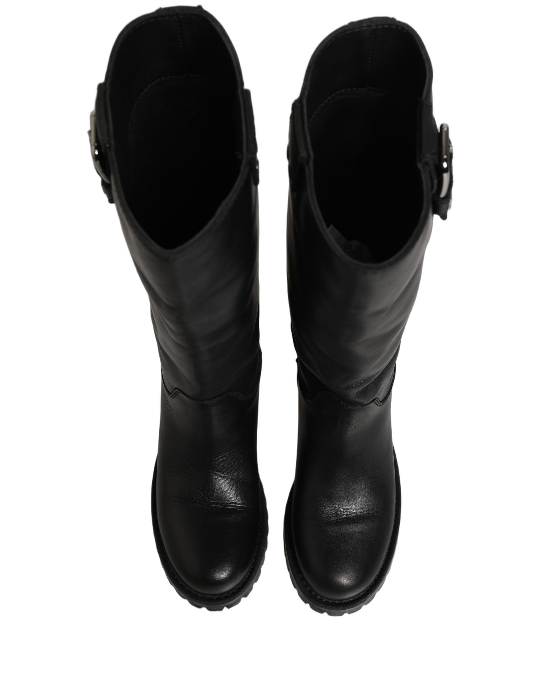 Dolce & Gabbana Black Leather Buckle Detail Mid Calf Boots Shoes | Regal Royce