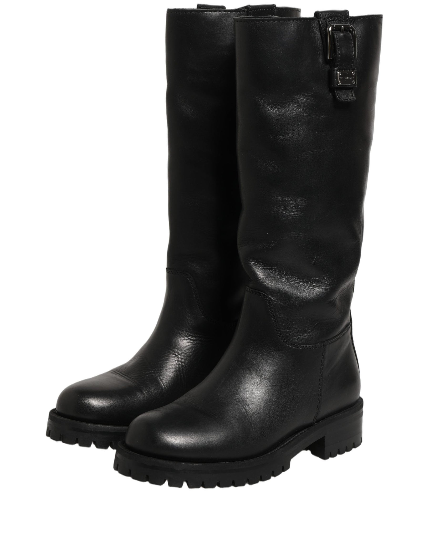 Dolce & Gabbana Black Leather Buckle Detail Mid Calf Boots Shoes | Regal Royce
