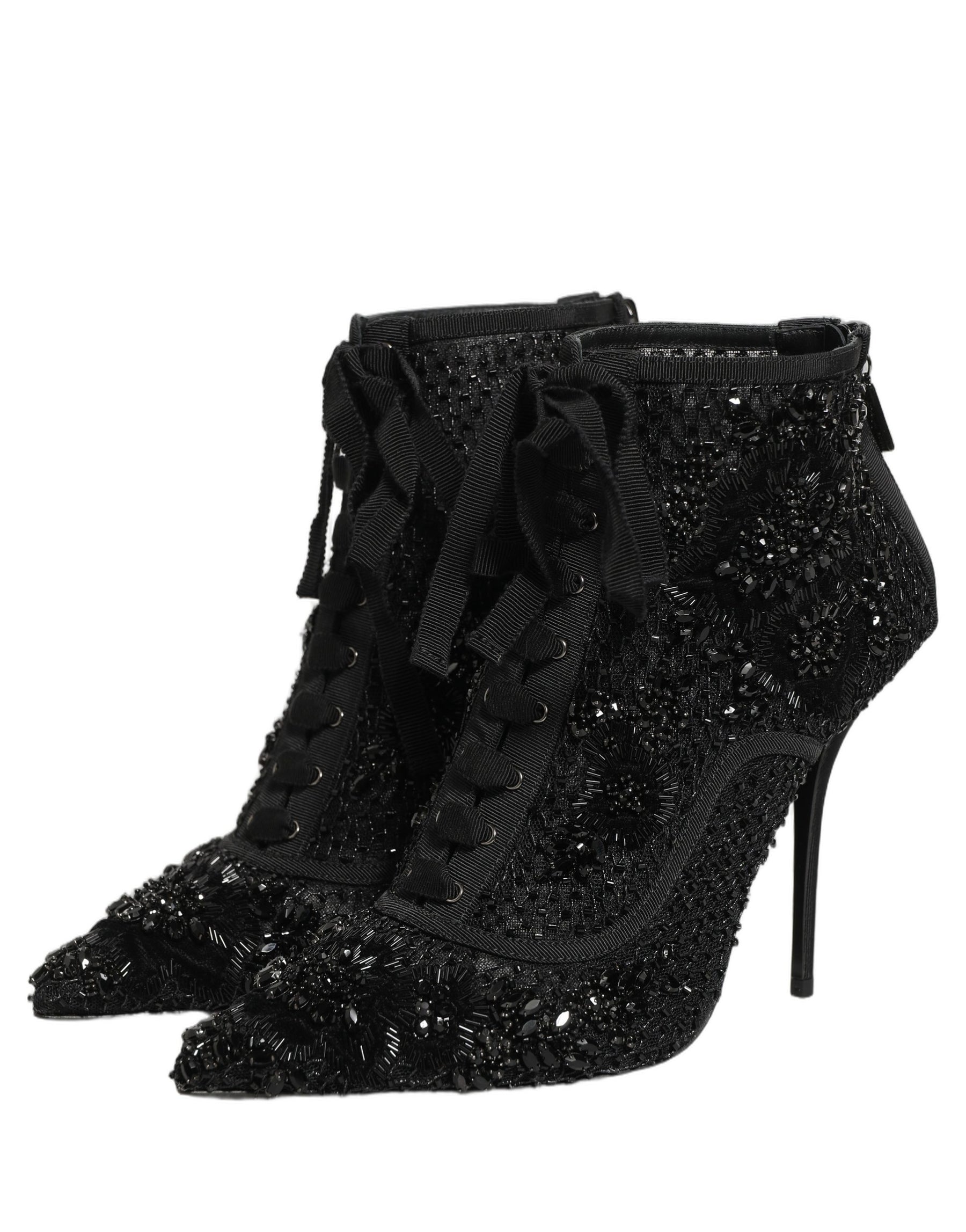 Dolce & Gabbana Black Embellished Mesh Ankle Boots Shoes | Regal Royce