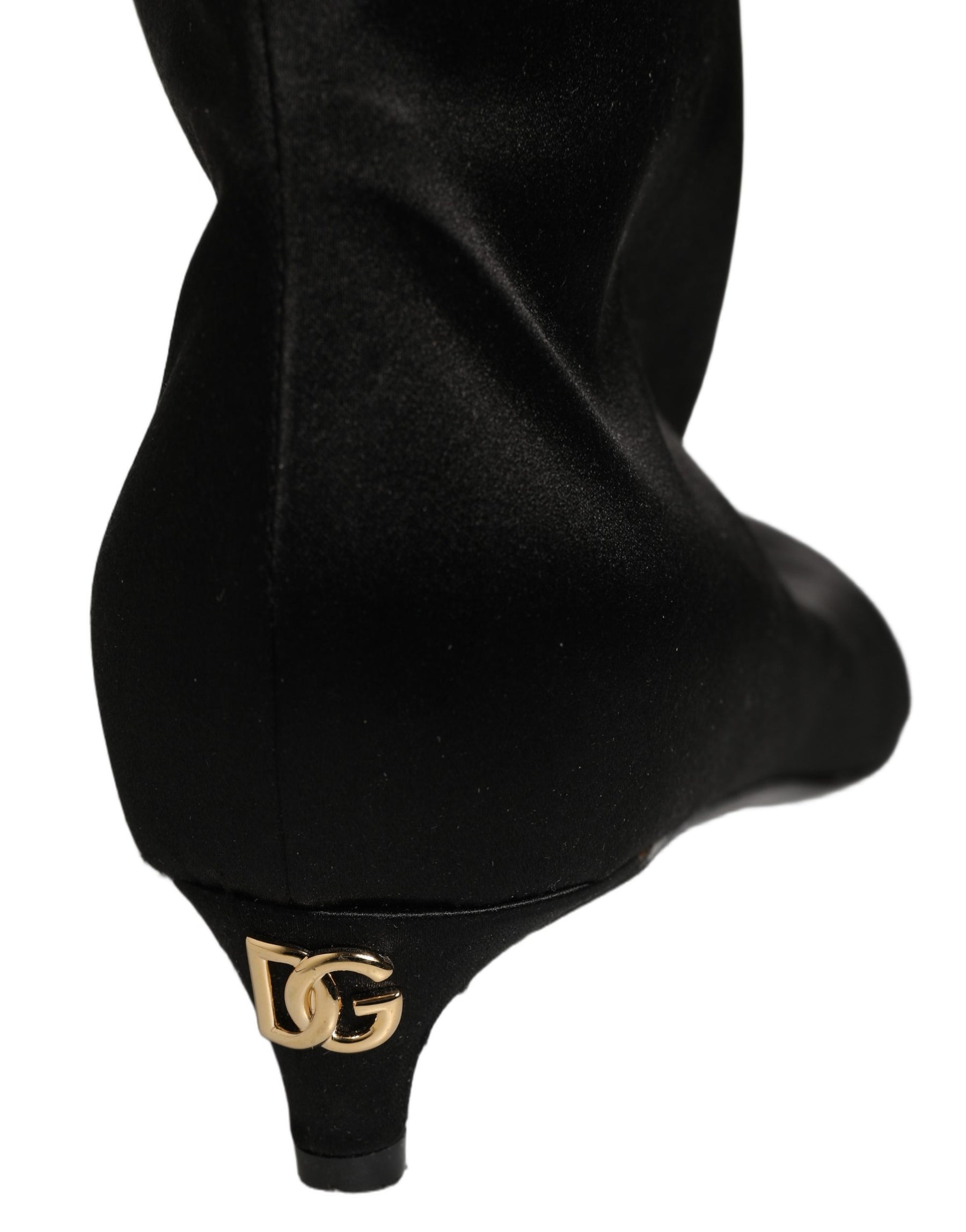 Dolce & Gabbana Black Satin Knee High Kitten Boots Shoes | Regal Royce