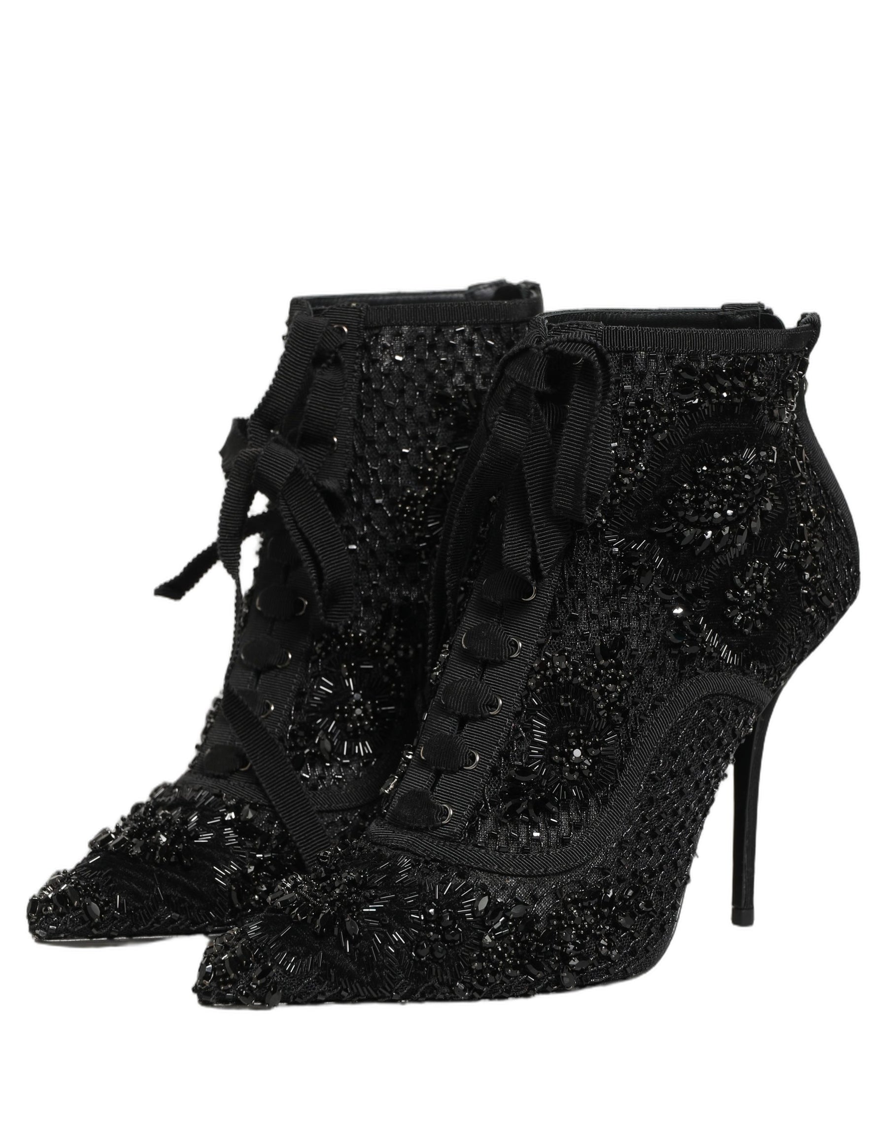 Dolce & Gabbana Black Embellished Mesh Ankle Boots Shoes | Regal Royce