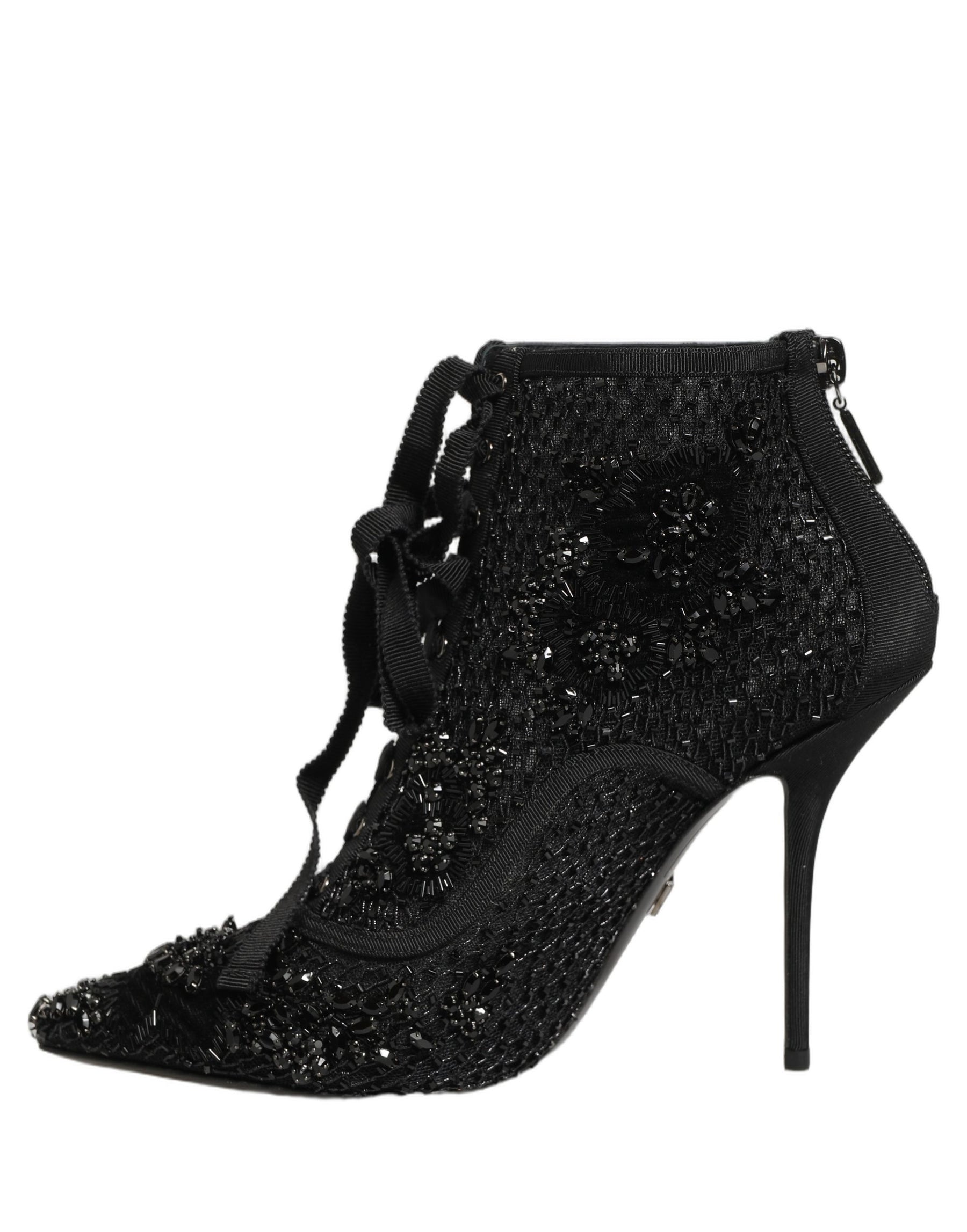 Dolce & Gabbana Black Embellished Mesh Ankle Boots Shoes | Regal Royce