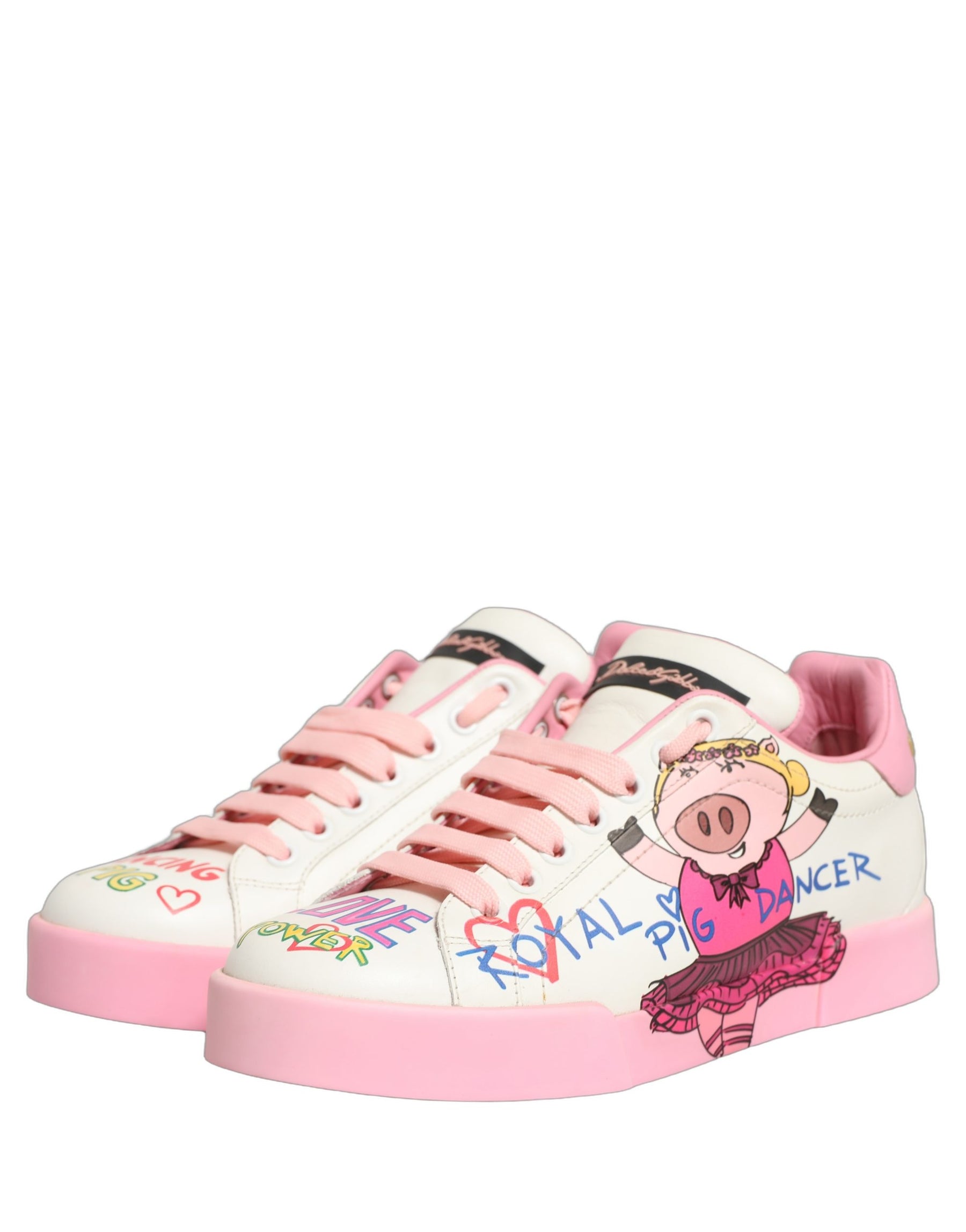 Dolce & Gabbana White Pink Portofino Royal Pig Sneakers Shoes | Regal Royce
