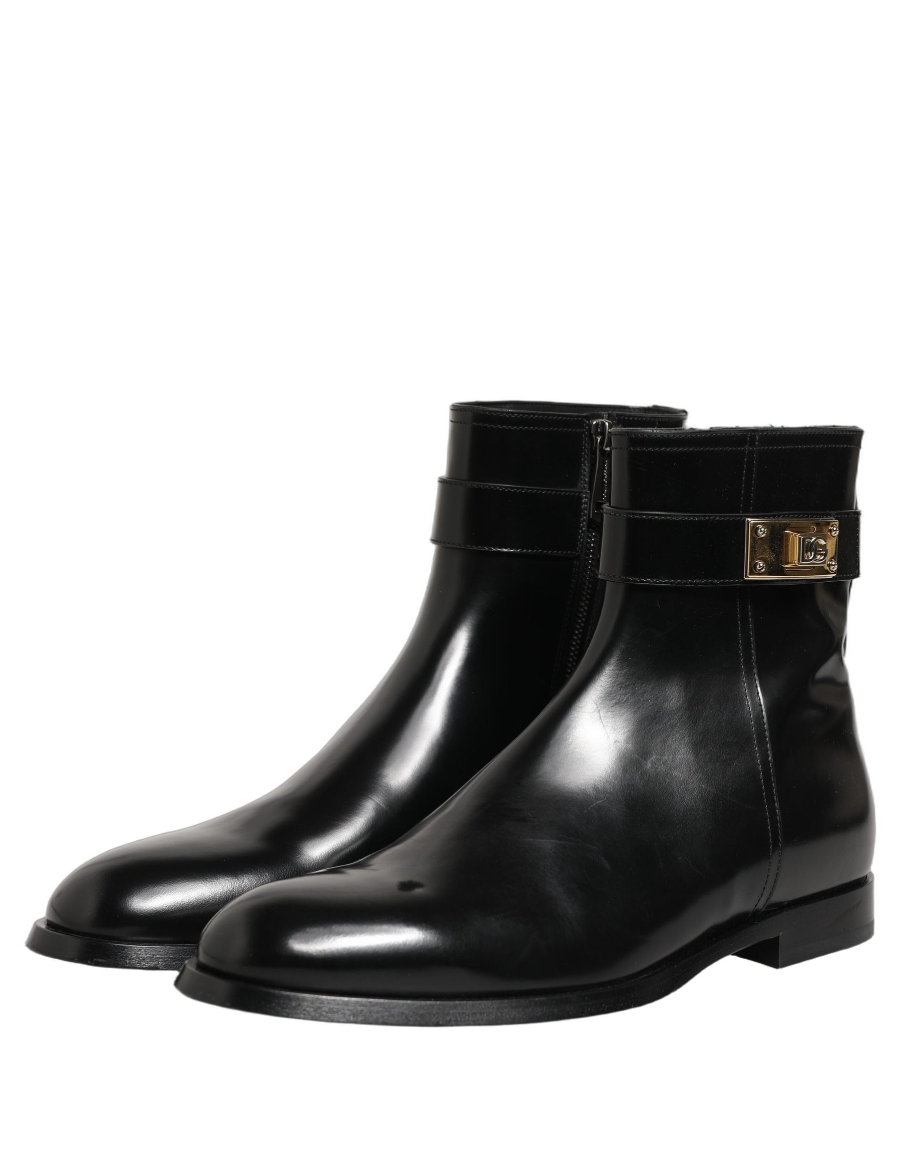 Dolce & Gabbana Black Leather Logo Buckle Mid Calf Boots Shoes | Regal Royce