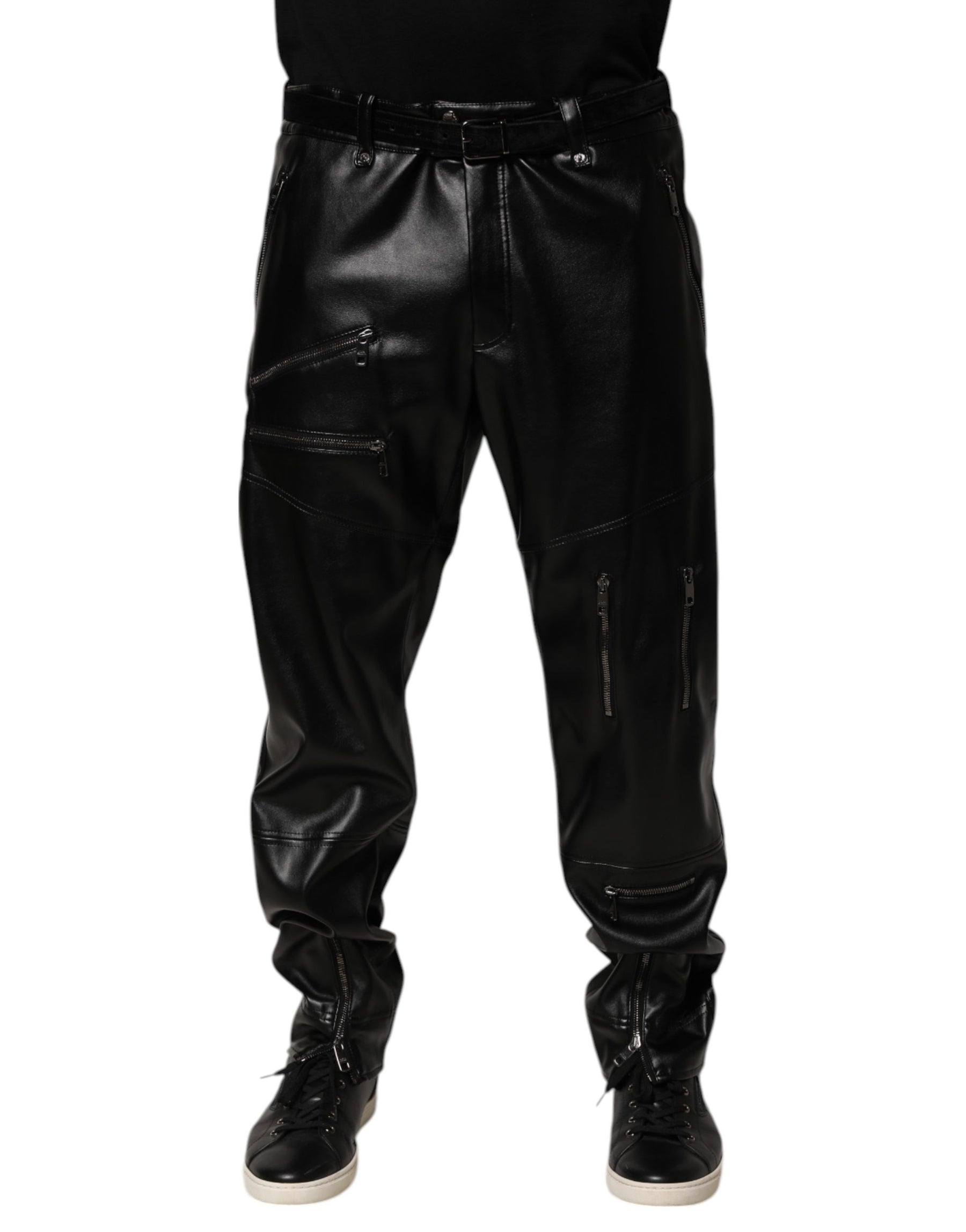 Dolce & Gabbana Black PU Leather Zipper Men Trouser Pants | Regal Royce