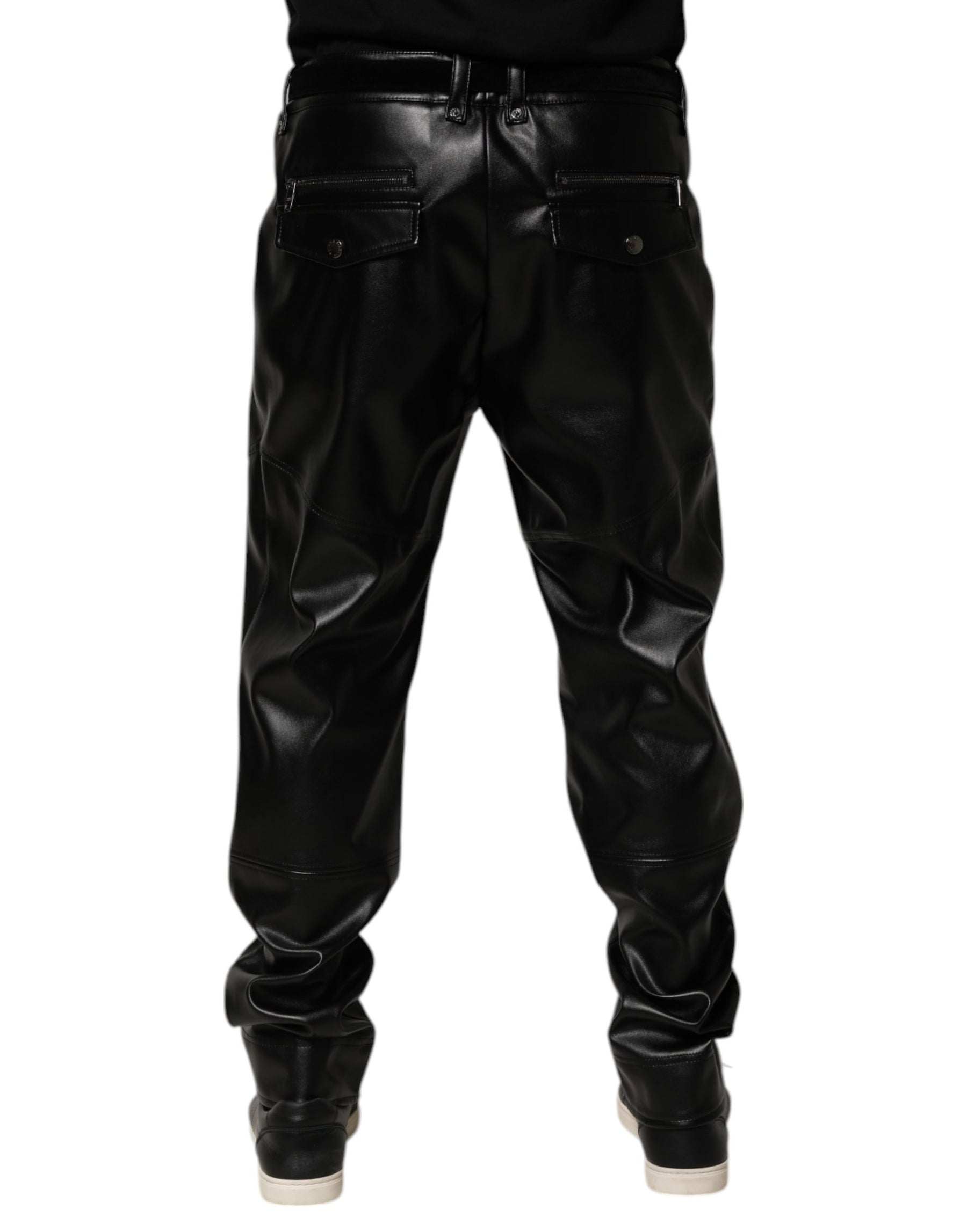Dolce & Gabbana Black PU Leather Zipper Men Trouser Pants | Regal Royce