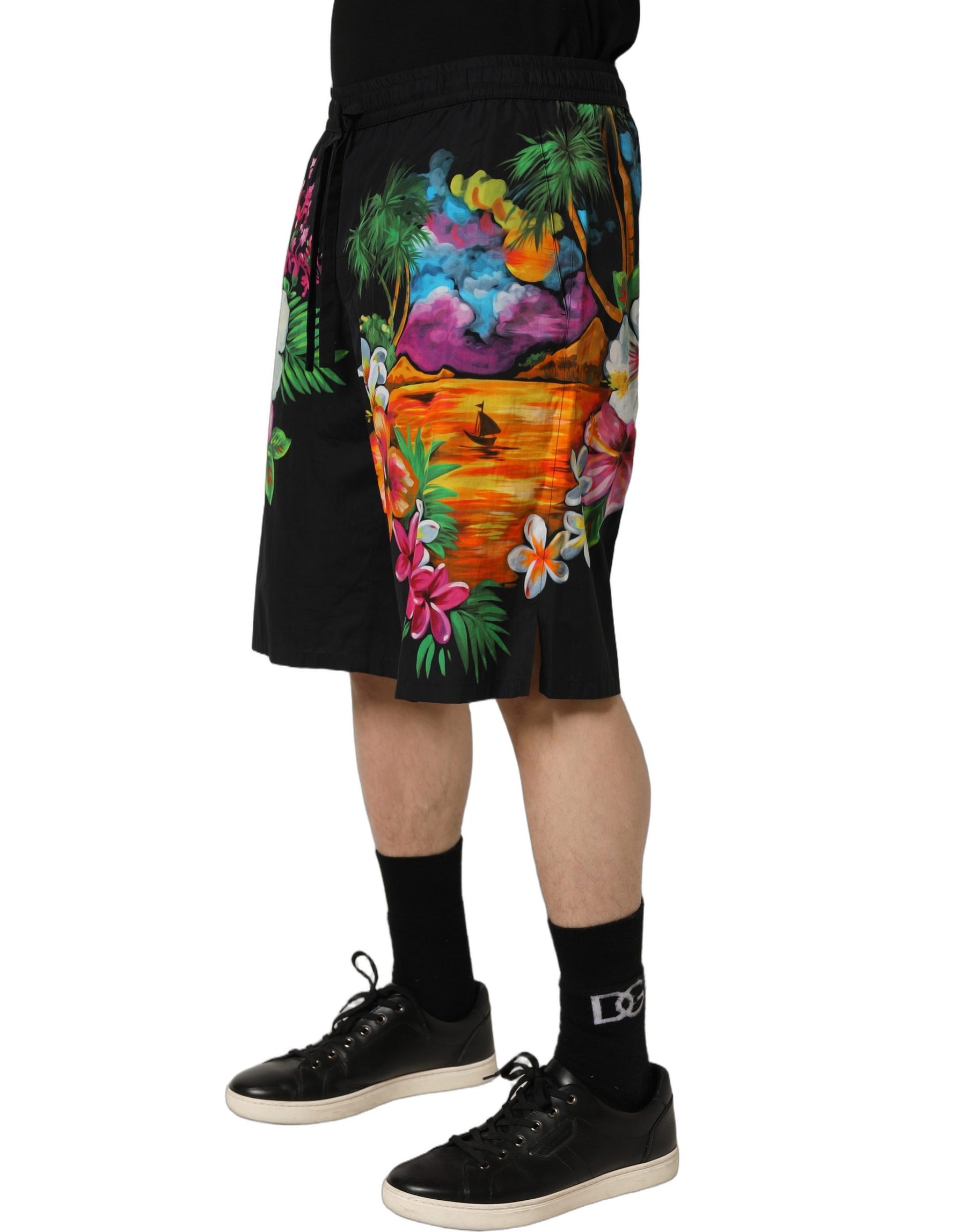 Dolce & Gabbana Black Cotton Tropical Floral Bermuda Shorts | Regal Royce