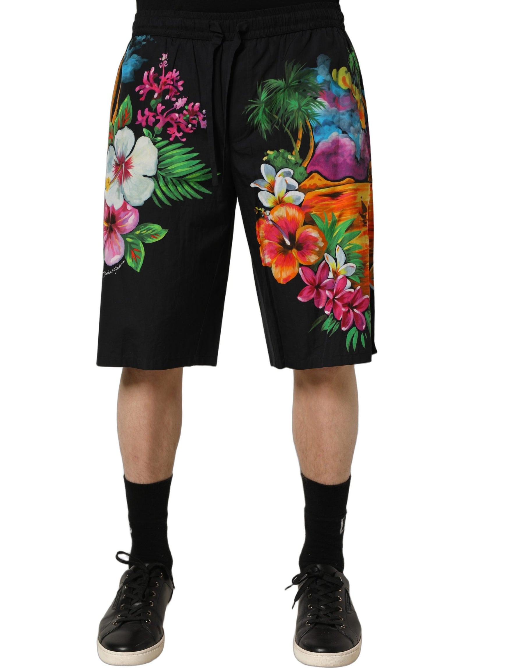 Dolce & Gabbana Black Cotton Tropical Floral Bermuda Shorts | Regal Royce