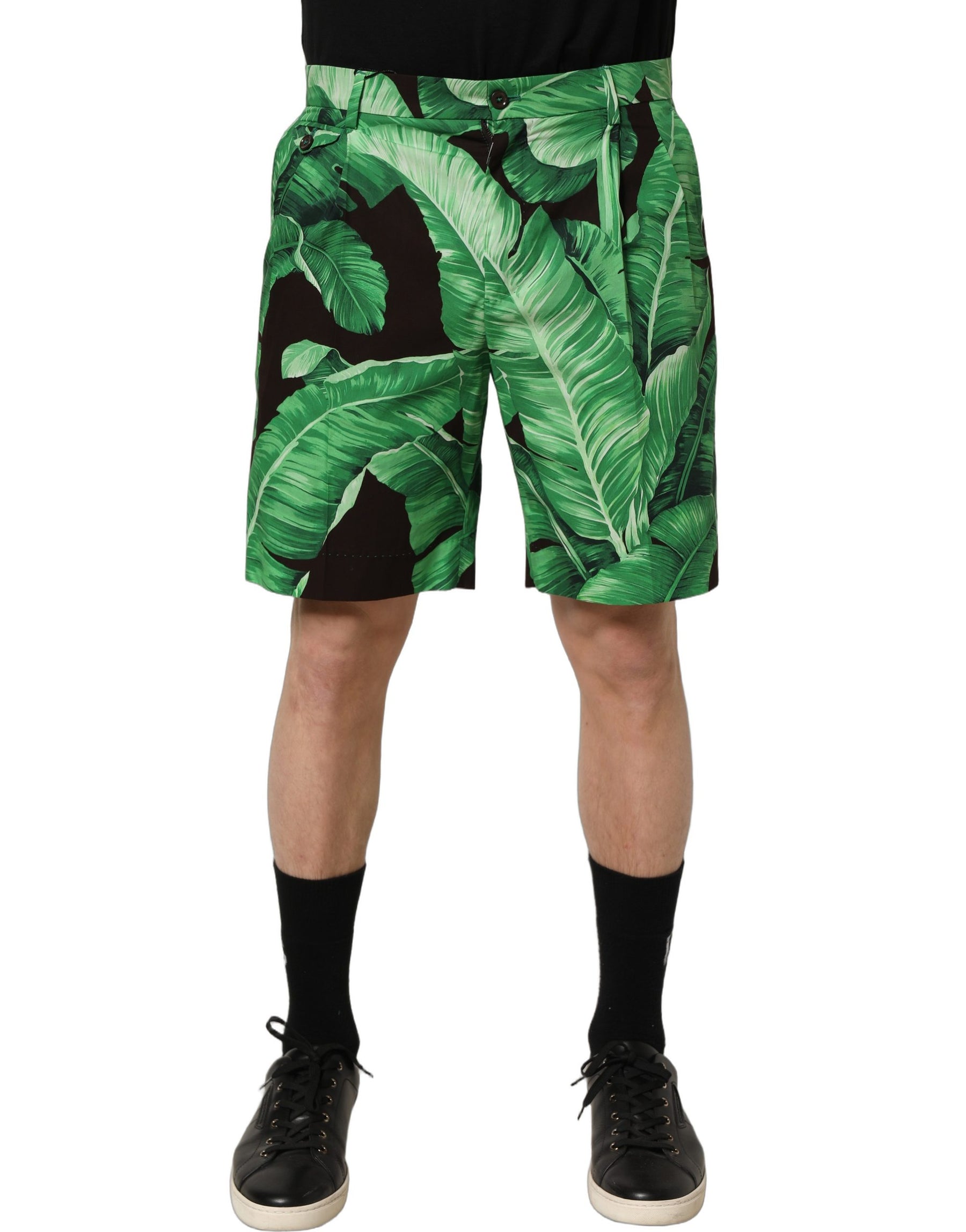Dolce & Gabbana Black Green Banana Leaf Men Bermuda Shorts | Regal Royce