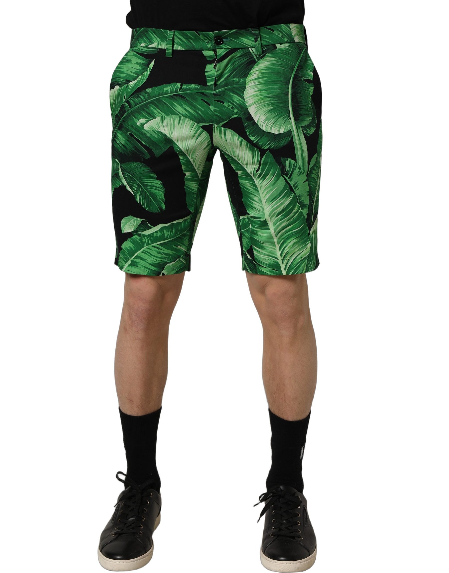 Dolce & Gabbana Black Green Banana Leaf Men Bermuda Shorts | Regal Royce