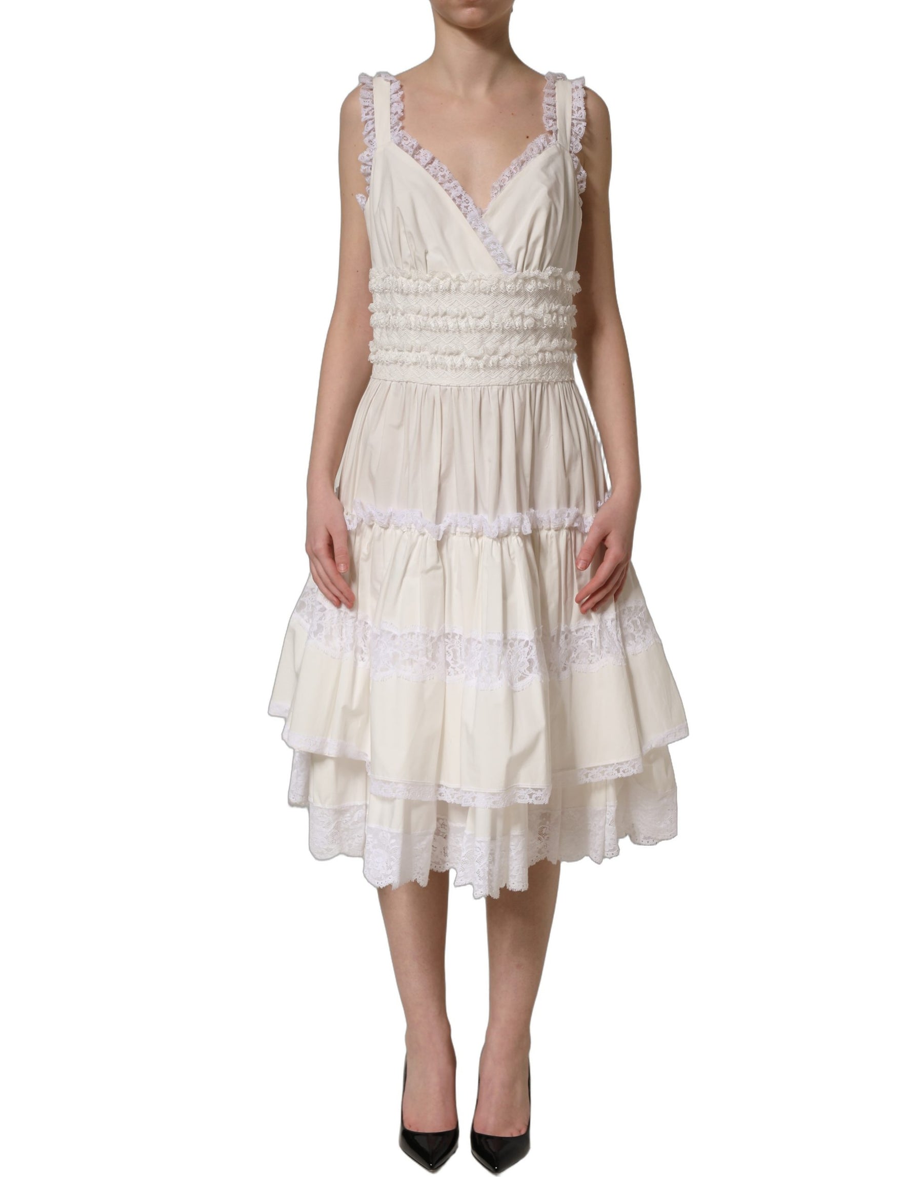Dolce & Gabbana White Cotton Poplin Ruffled Midi Dress | Regal Royce
