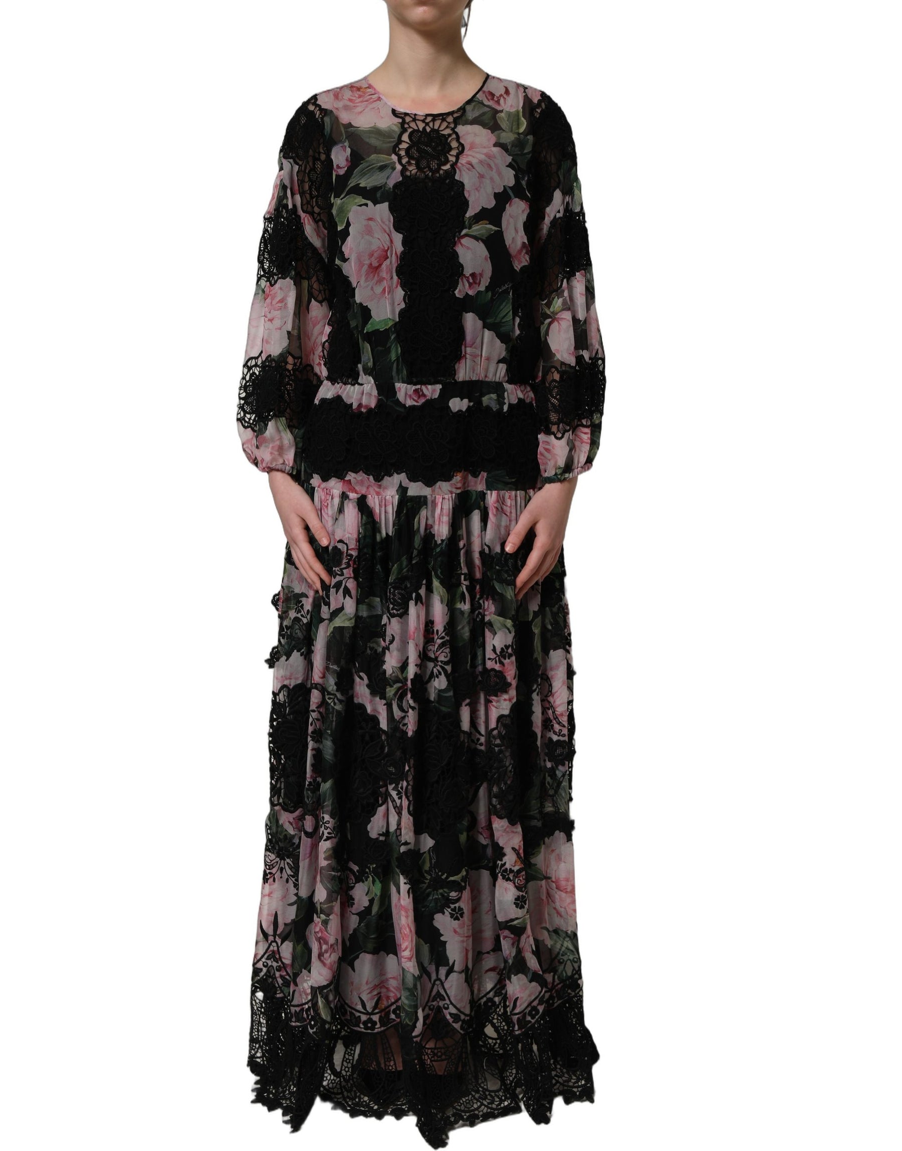 Dolce & Gabbana Black Floral Print Cotton Lace Maxi Dress | Regal Royce