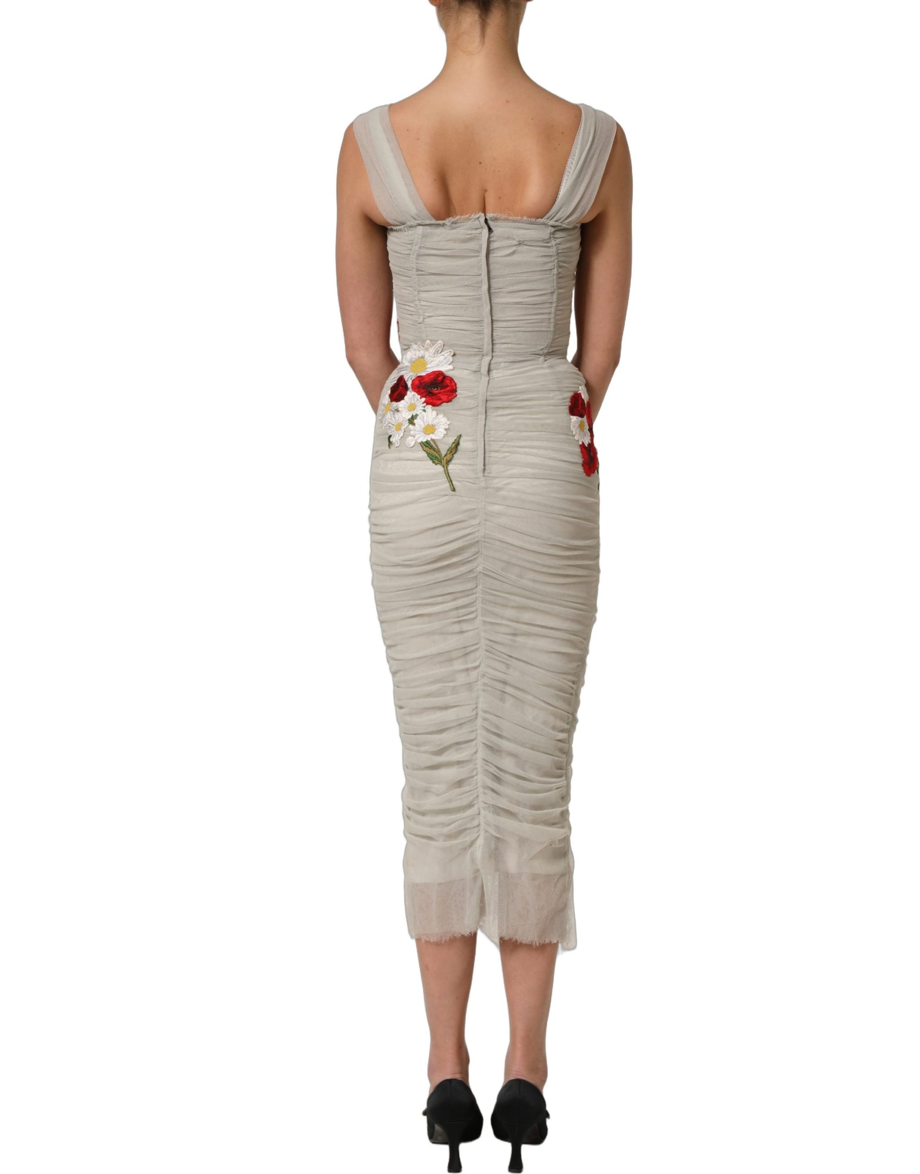Dolce & Gabbana Light Gray Rose Embroidery Sheath Midi Dress | Regal Royce
