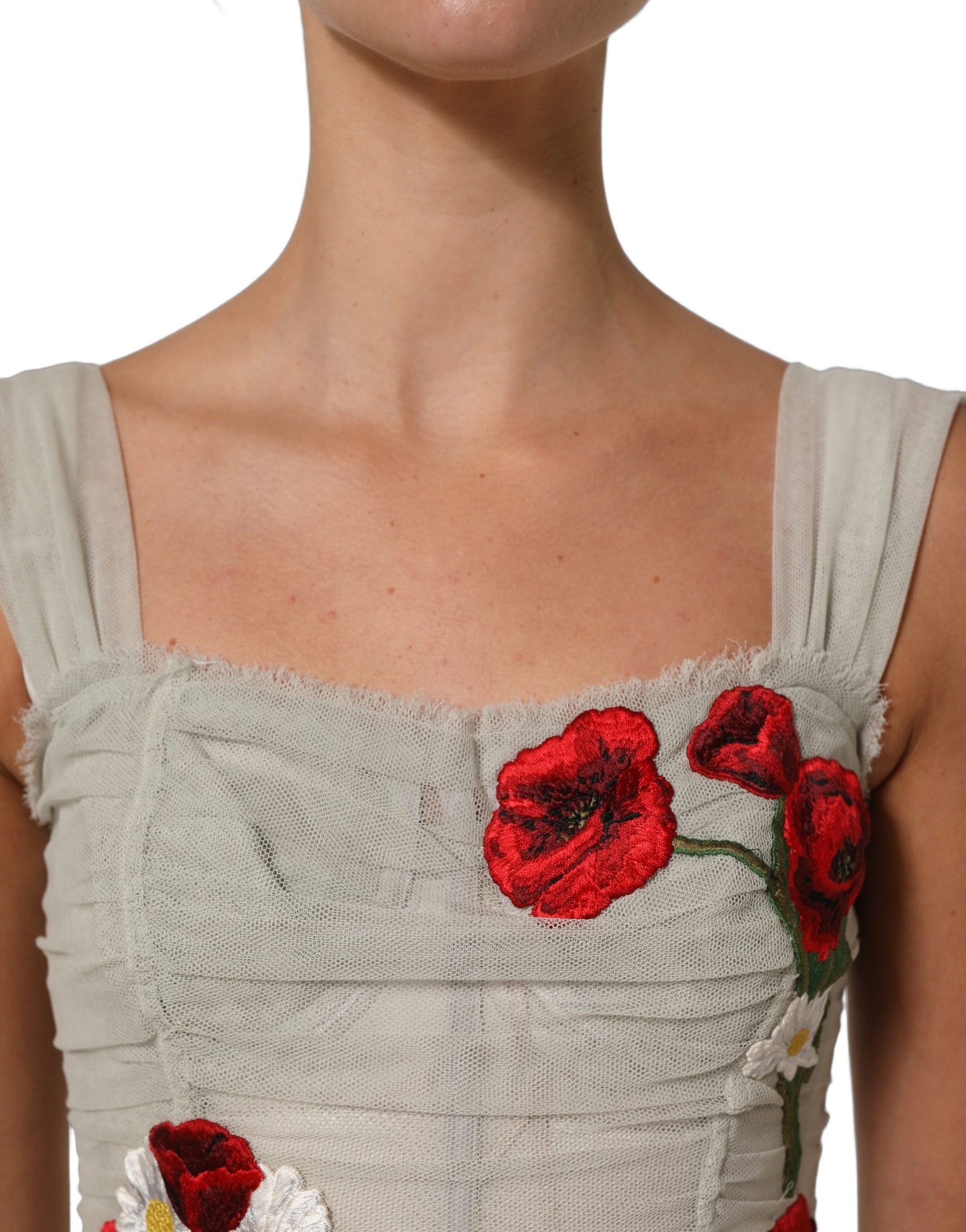 Dolce & Gabbana Light Gray Rose Embroidery Sheath Midi Dress | Regal Royce