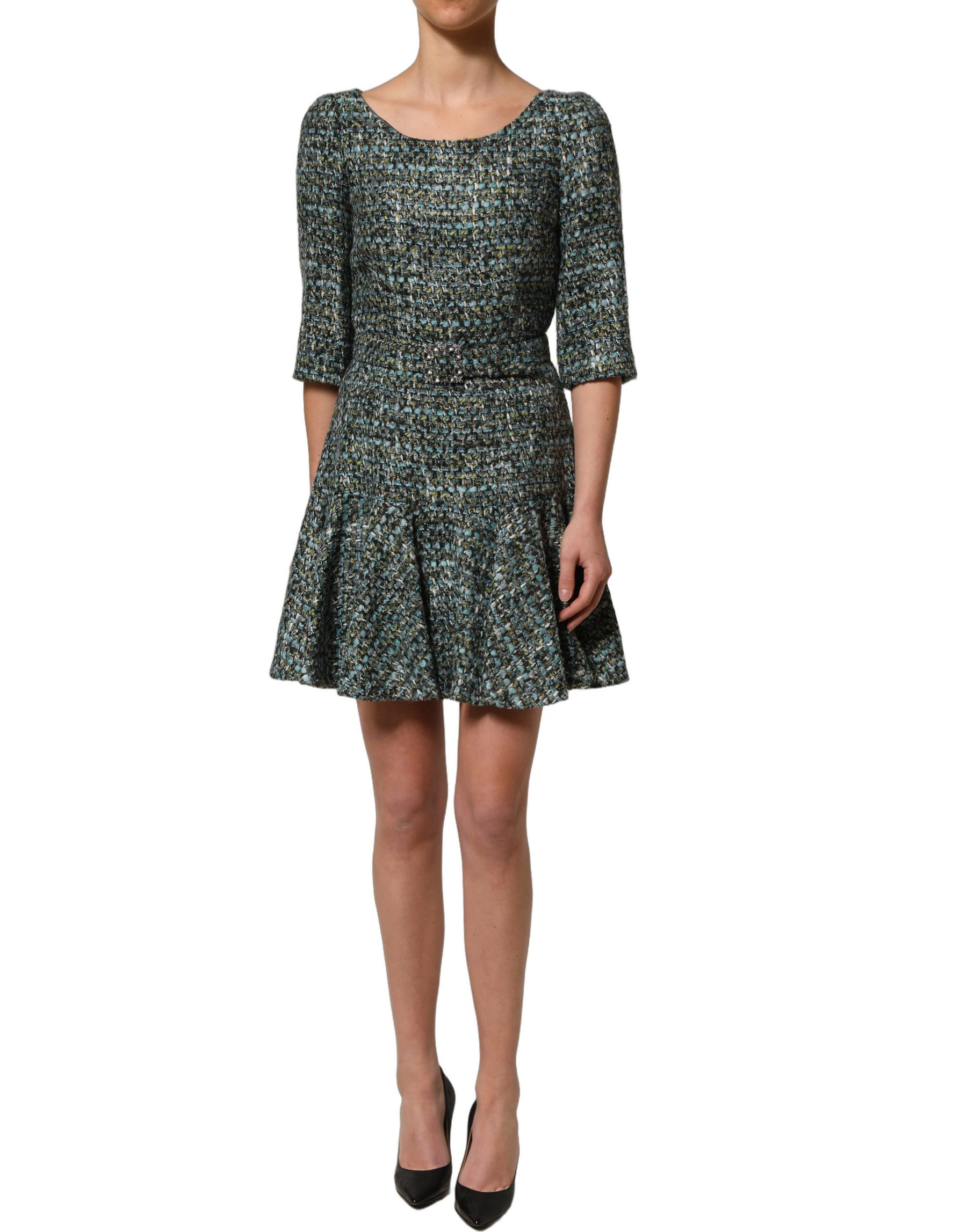 Dolce & Gabbana Multicolor Tweed Belted Babydoll Mini Dress | Regal Royce
