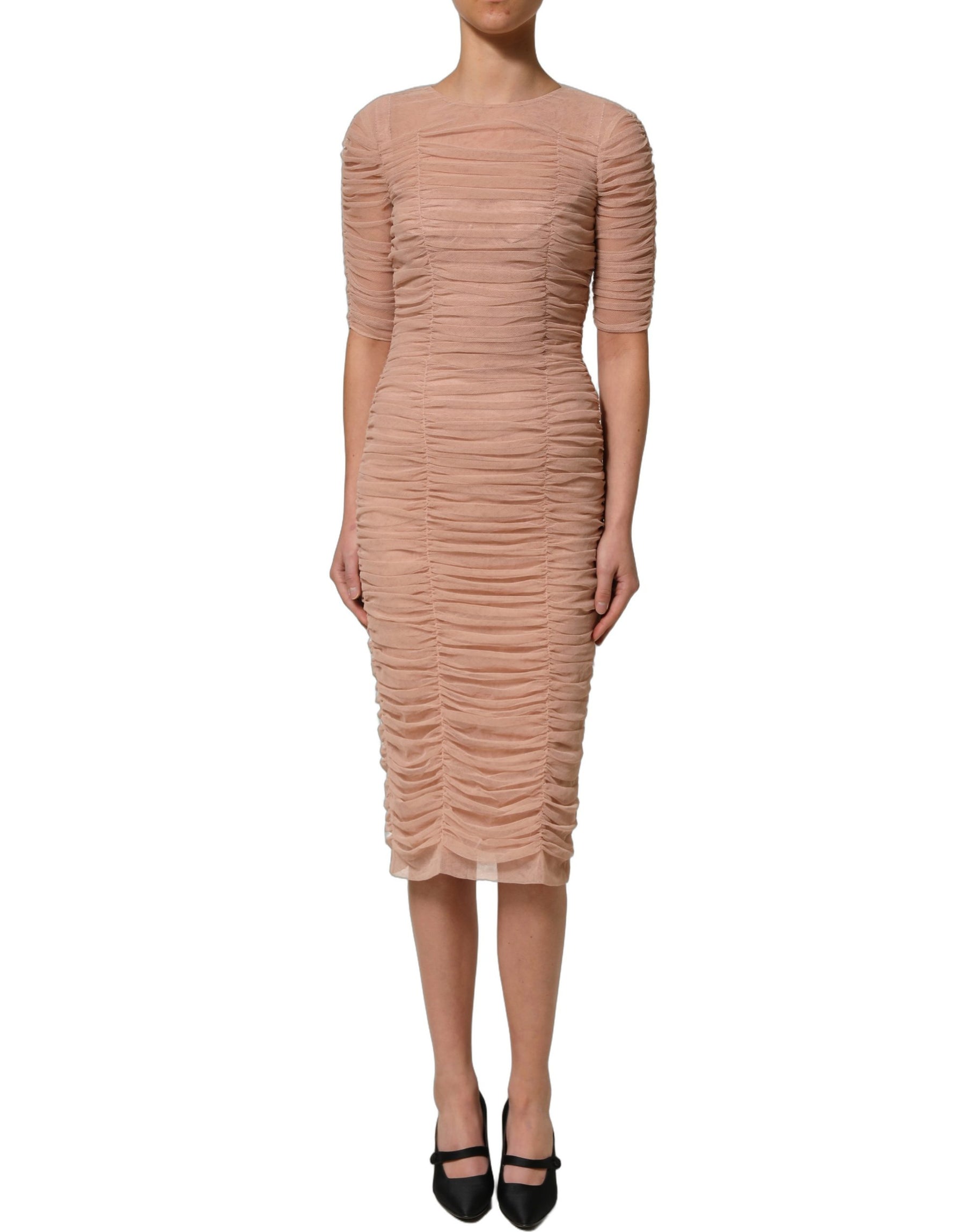 Dolce & Gabbana Beige Cotton Mesh Ruched Sheath Midi Dress | Regal Royce