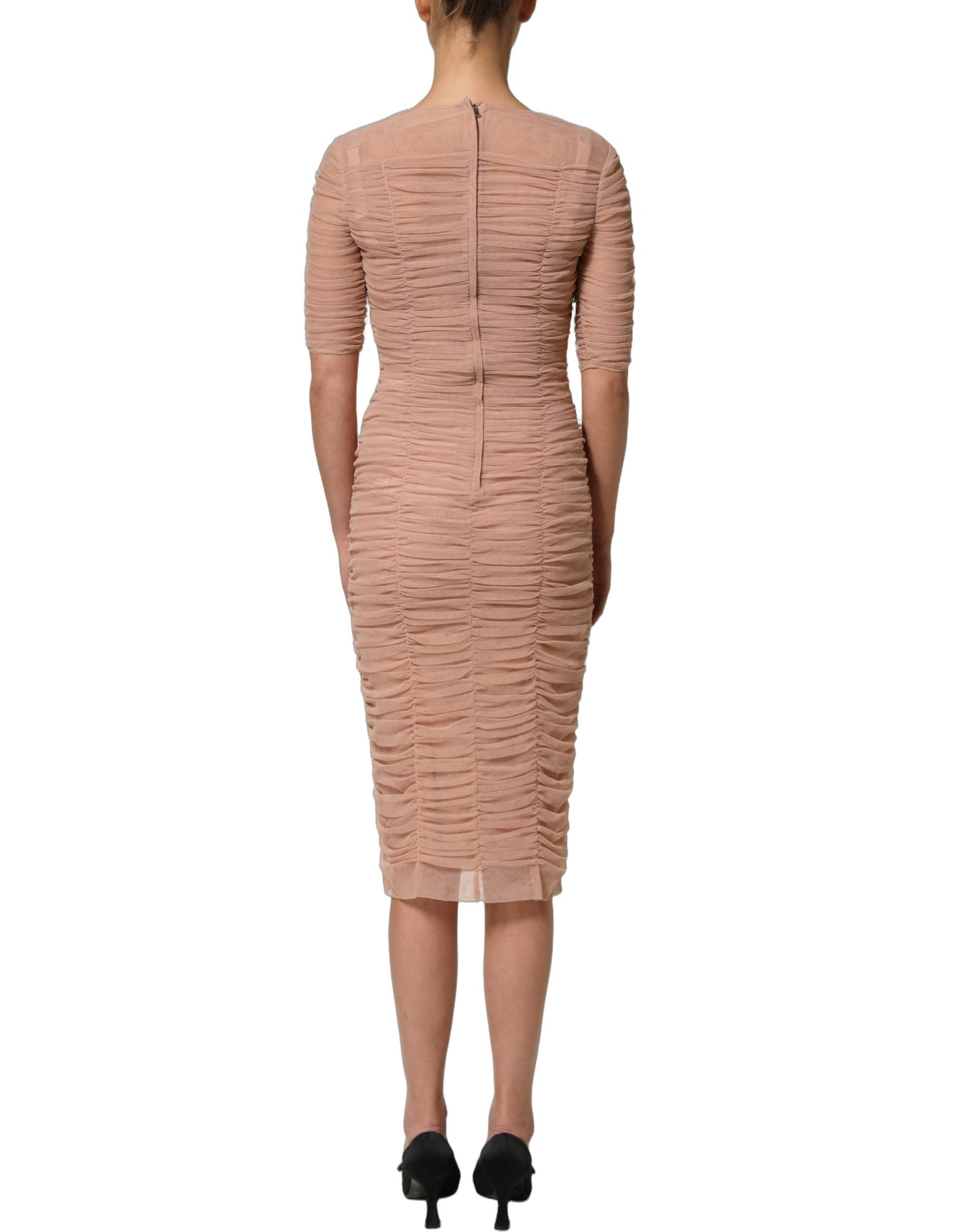 Dolce & Gabbana Beige Cotton Mesh Ruched Sheath Midi Dress | Regal Royce