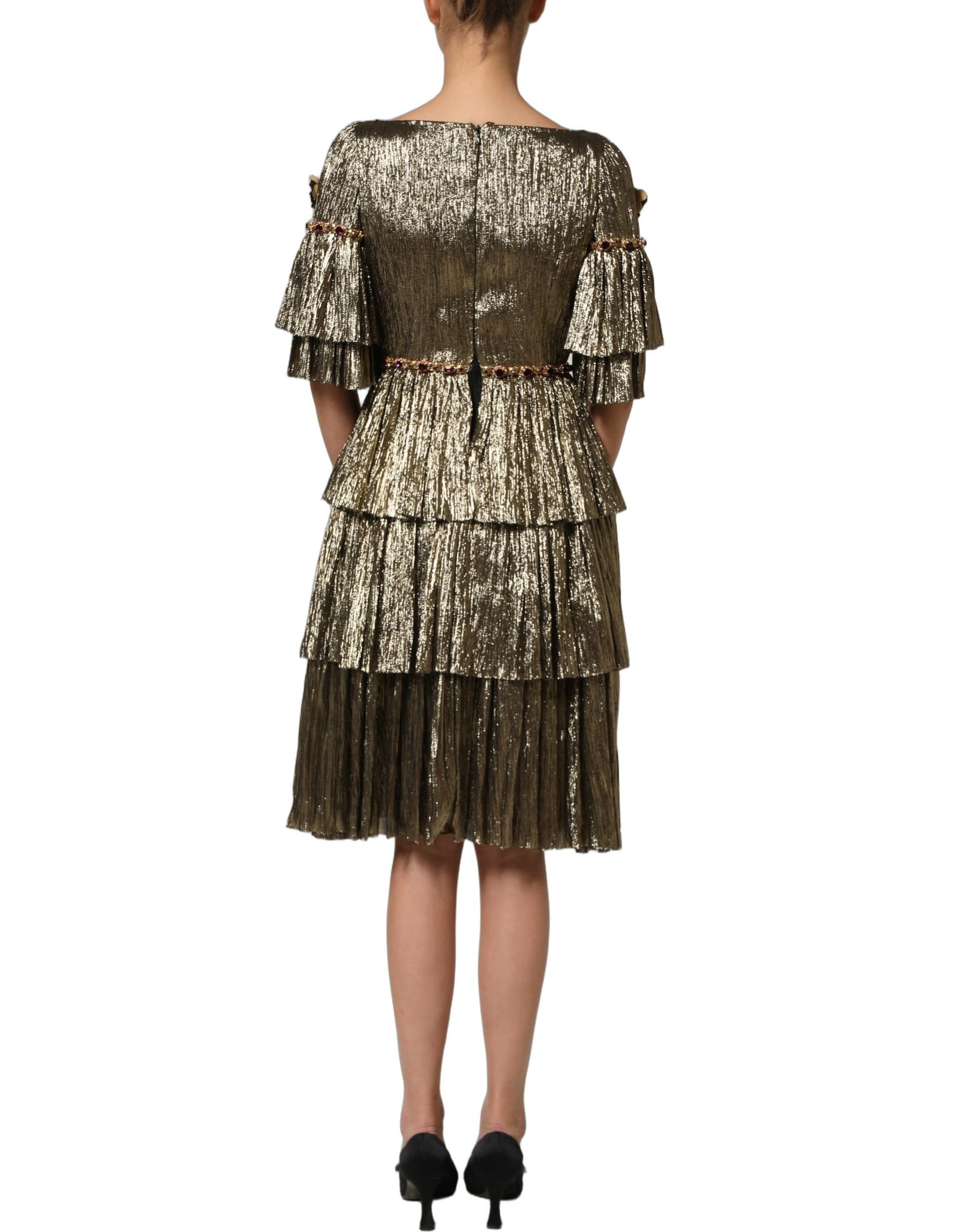 Dolce & Gabbana Metallic Gold Embellished Tiered Midi Dress | Regal Royce