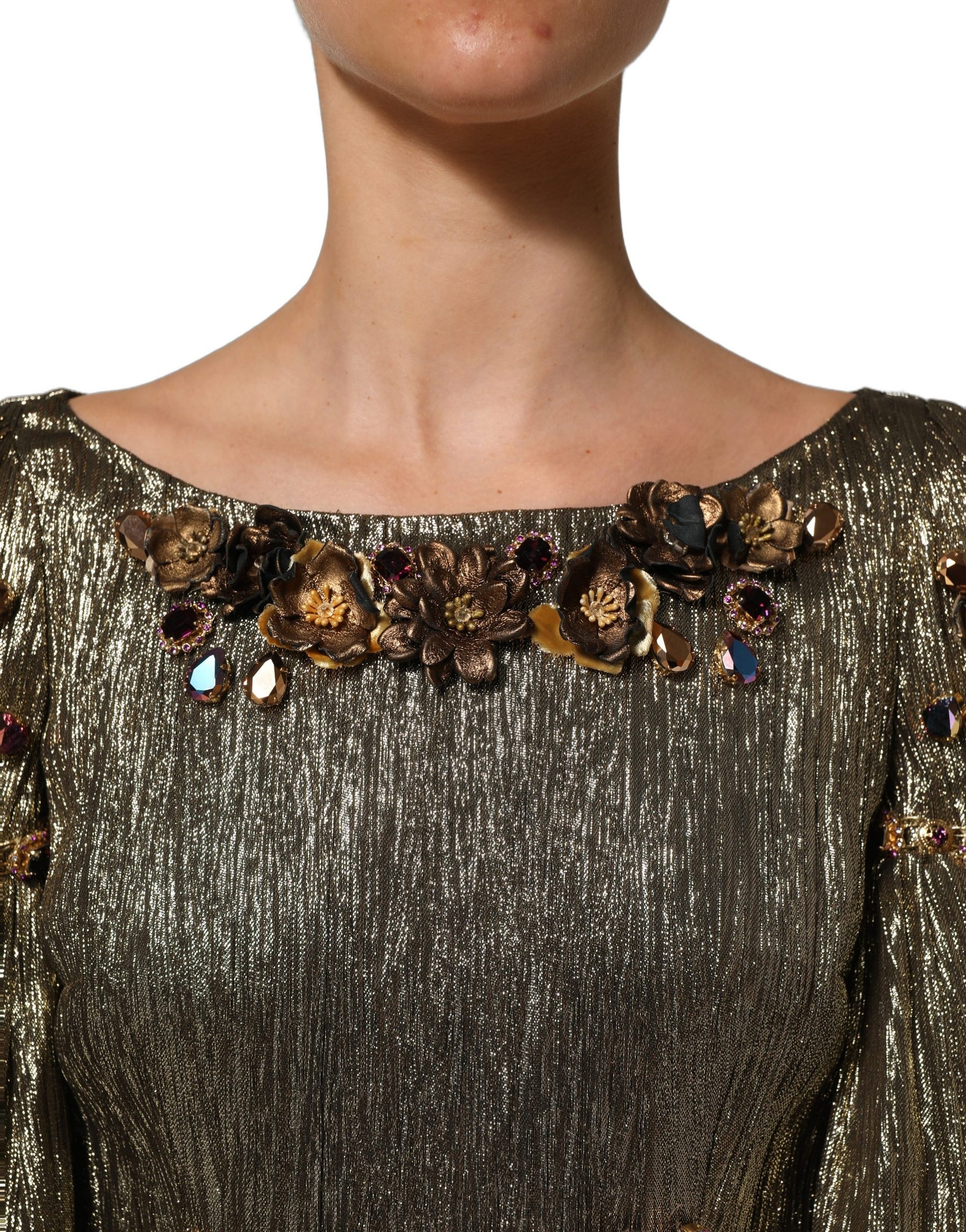 Dolce & Gabbana Metallic Gold Embellished Tiered Midi Dress | Regal Royce