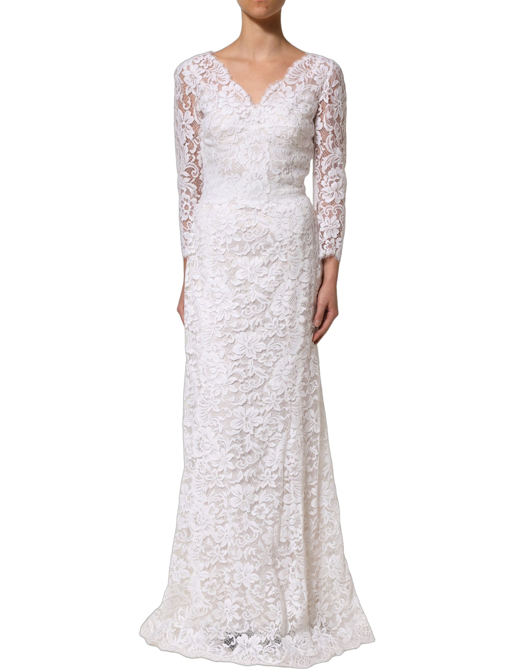 Dolce & Gabbana White Cotton Floral Lace Long Gown Dress | Regal Royce