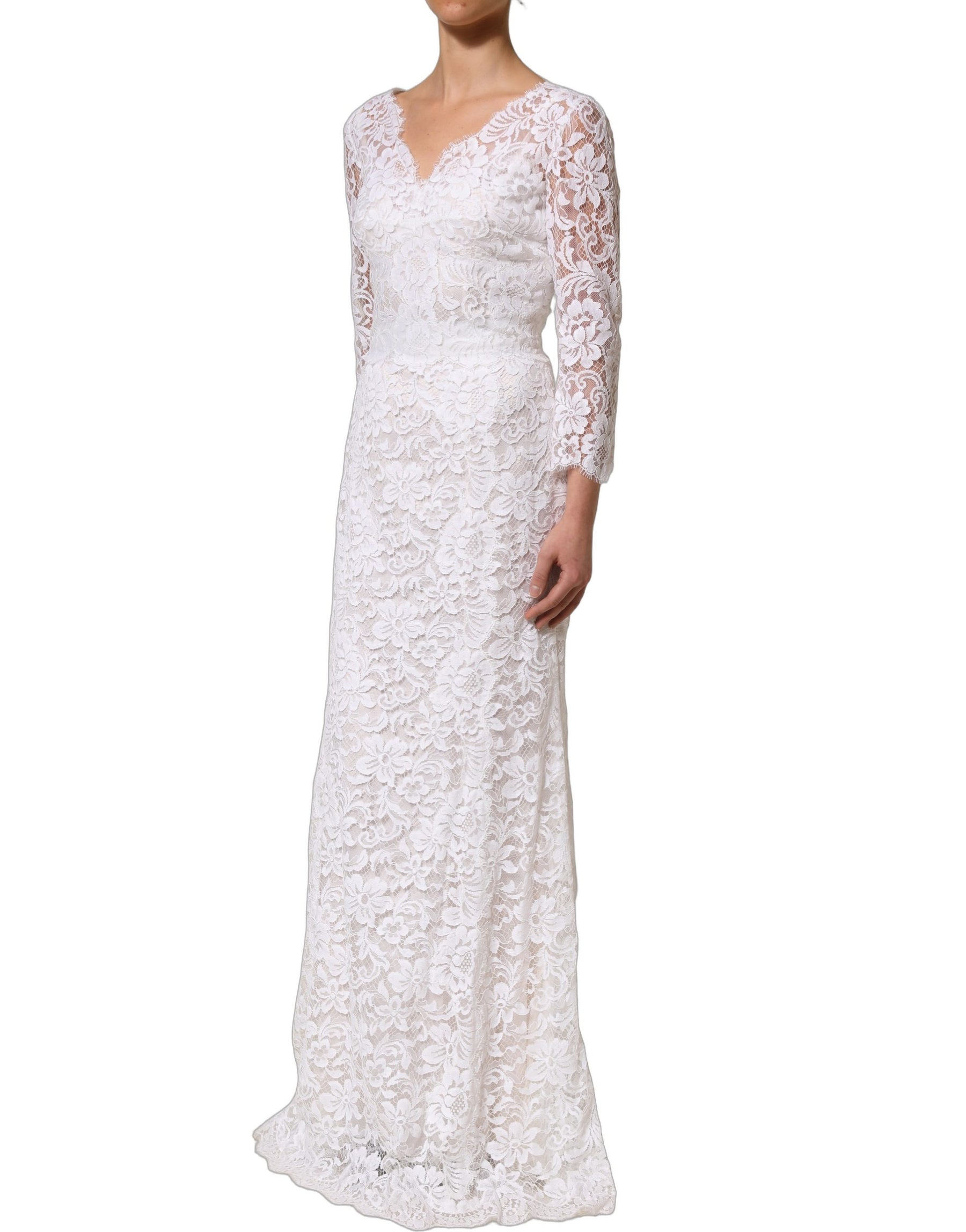 Dolce & Gabbana White Cotton Floral Lace Long Gown Dress | Regal Royce