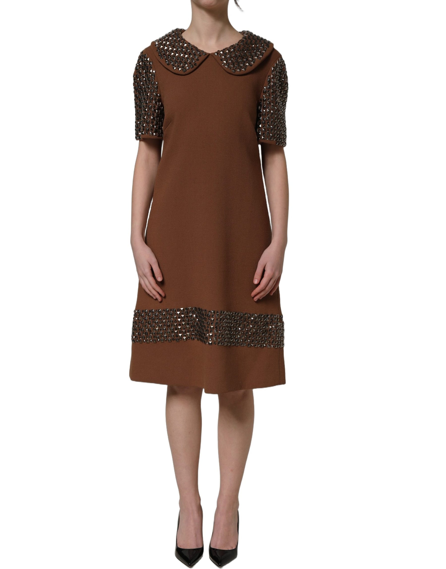 Dolce & Gabbana Brown Wool Rhinestone Embellished Midi Dress | Regal Royce