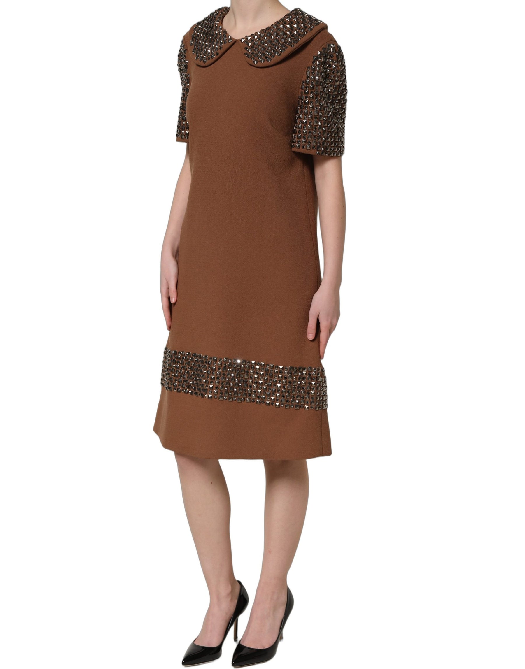 Dolce & Gabbana Brown Wool Rhinestone Embellished Midi Dress | Regal Royce